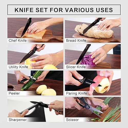 Miniatura 5 de Juego de cuchillos con bloque, 16 cuchillos de cocina de acero inoxidable, afilados profesionales para cocinar, rebanar, picar, cortar en cubitos,