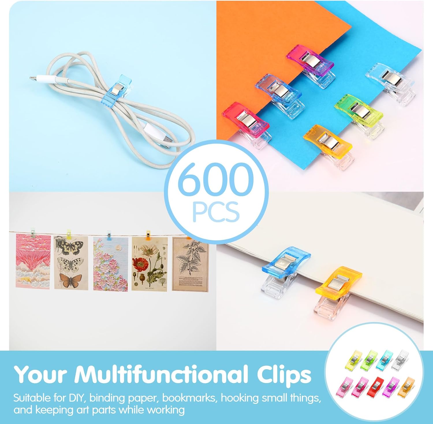 Beeveer 600 Sewing Clips Quilting Supplies Multipurpose Plastic Fabric Clips Assorted Colors for Sewing Quilting Binding Crafts