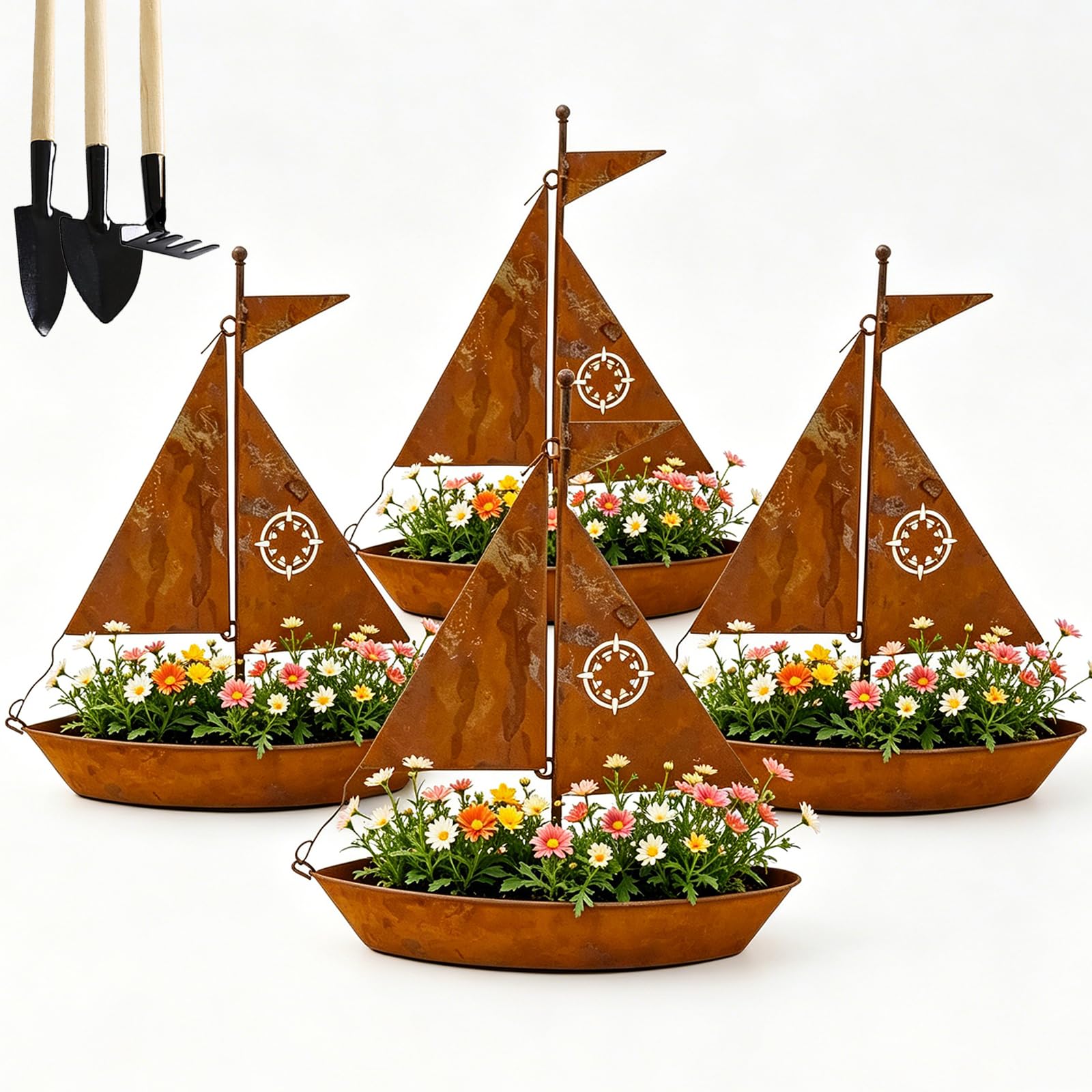 LLELEMAMO Rustic Sailboat Metal Planter, Handcrafted Weather Resistant Iron Boat Planter for Succulents Herbs, Vintage Nautical Flower Pot Design for Garden Patio Decor, 3D Sculpture for Shelf (4Pcs)