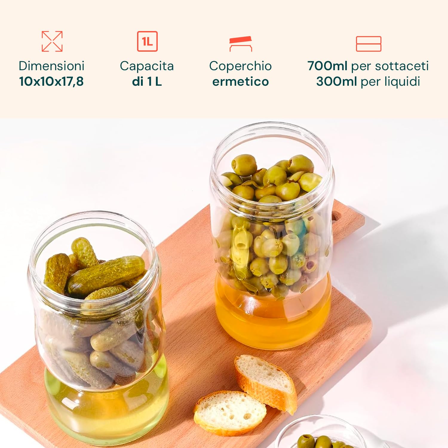 Avilia - Barattoli Vetro con Coperchio Ermetico da 1L per Sottaceti, Sottolio e Conserve, con Filtro a Ribalta, Design a Clessidra, Lavabili in Lavastoviglie, Ideale per Fermentati e Verdure (1)