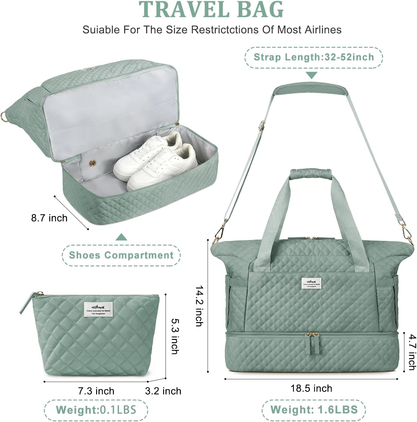 ETRONIK Travel Bag for Women, Gym Duffel Bag with Shoes Compartment, Weekender Overnight Bag with Wet Pocket for Women Travel Gym Daily Use (Green) - Image 2