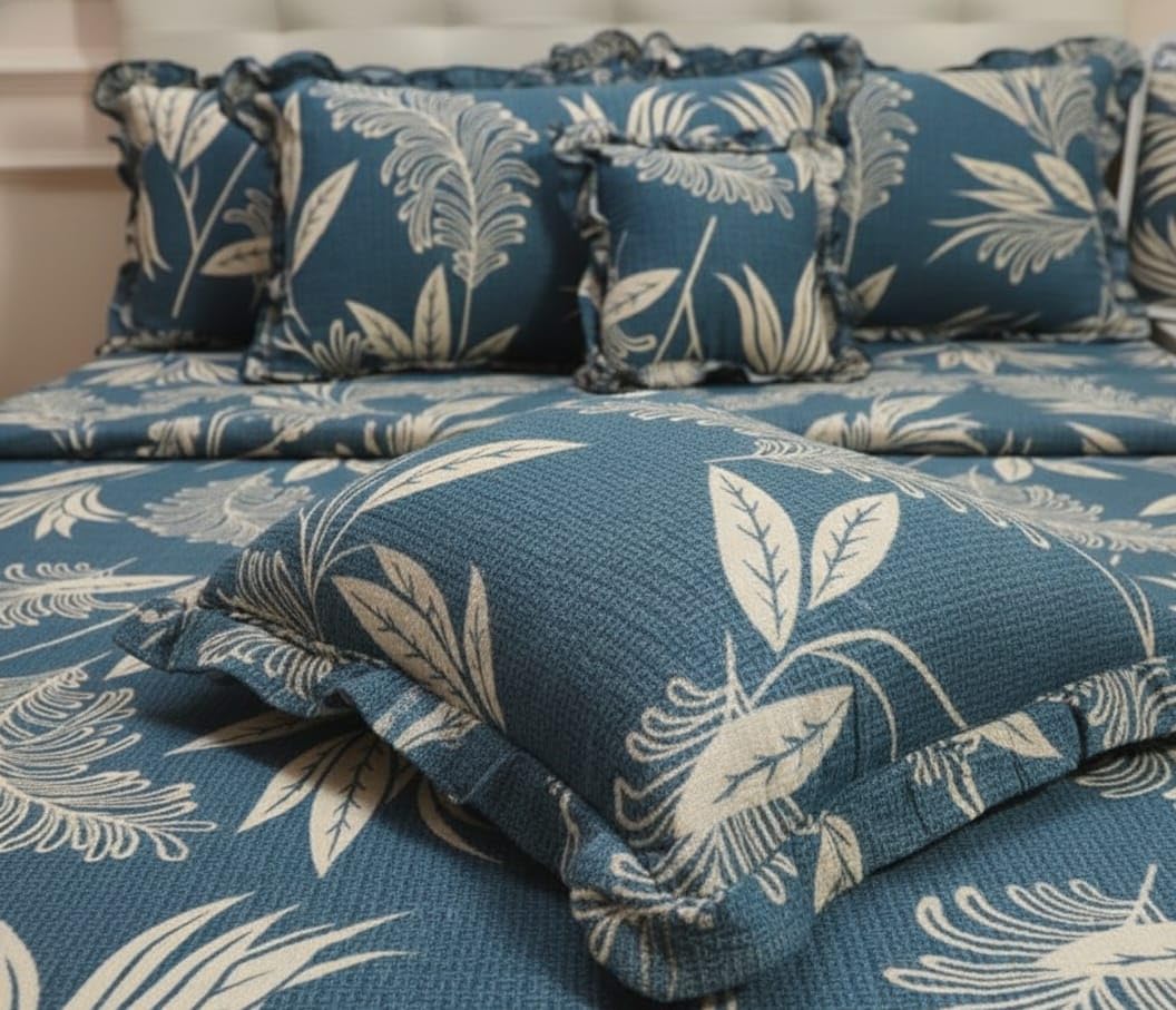 Blue Floral Leaf Print Bedspread Set with Frilled Cushion Covers, Tropical Botanical Theme-image-12