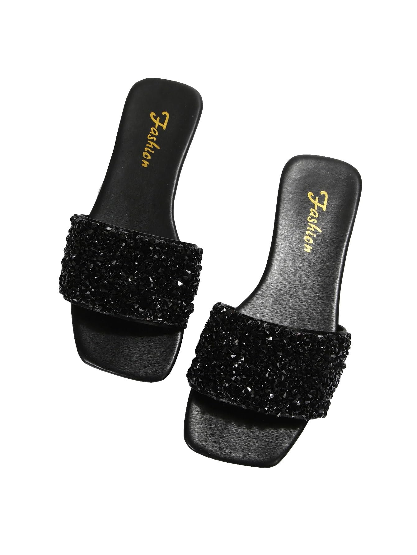GORGLITTER Women's Sparkly Sequin Sandals Flat Slides Dressy Sparkle Glitter Rhinestone Open Toe Slip On Slippers Shoes