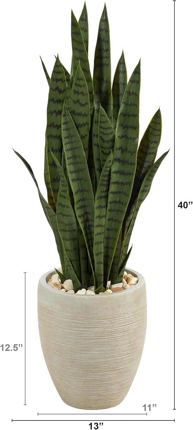 Nearly Natural 40-in Artificial Tall Snake Plant Sansevieria, Faux Snake Plant for Indoor Home Decor in Sand Colored Planter Planter, Fake Plant for Office, Living Room, Bedroom