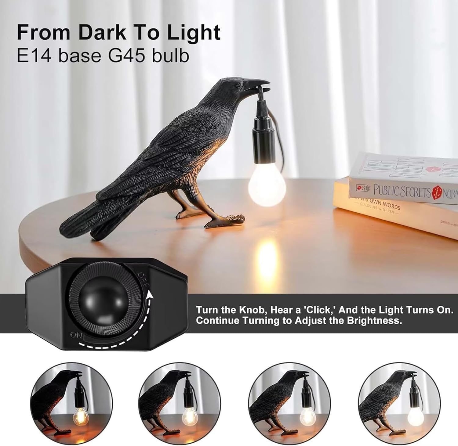 Raven Lamp - Adjustable Brightness with Bulb, Gothic Home Decor for Bedside, Bedroom, Living Room, Halloween Table Decor Light