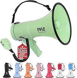 Pyle Megafone Bullhorn de 50 W - portátil, sirene automática e volume ajustável, alcance de projeção de até 1200 jardas quadradas, entrada auxiliar, talk, sirene, música, apito e gravação, alça de