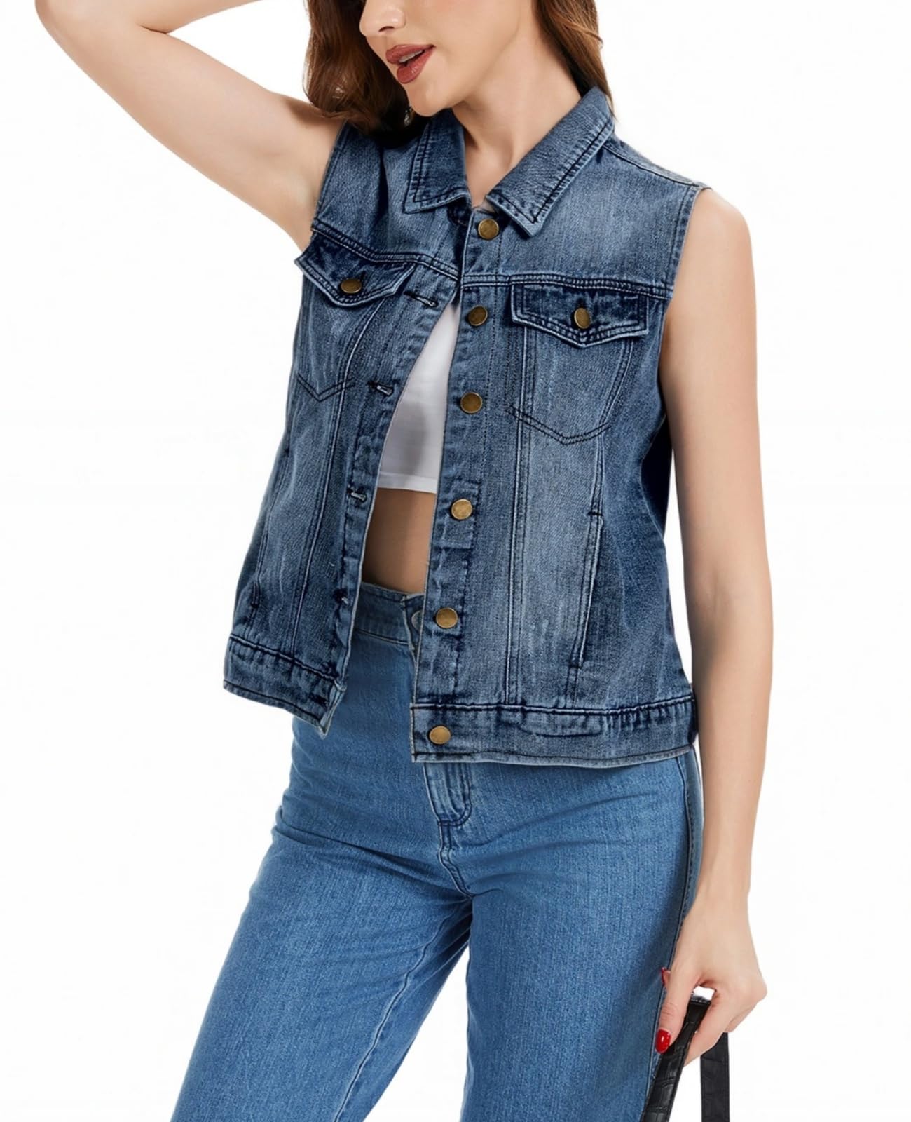 Gilet da donna in denim con bottoni e risvolto lavato senza maniche con tasche W Gilet in jeans