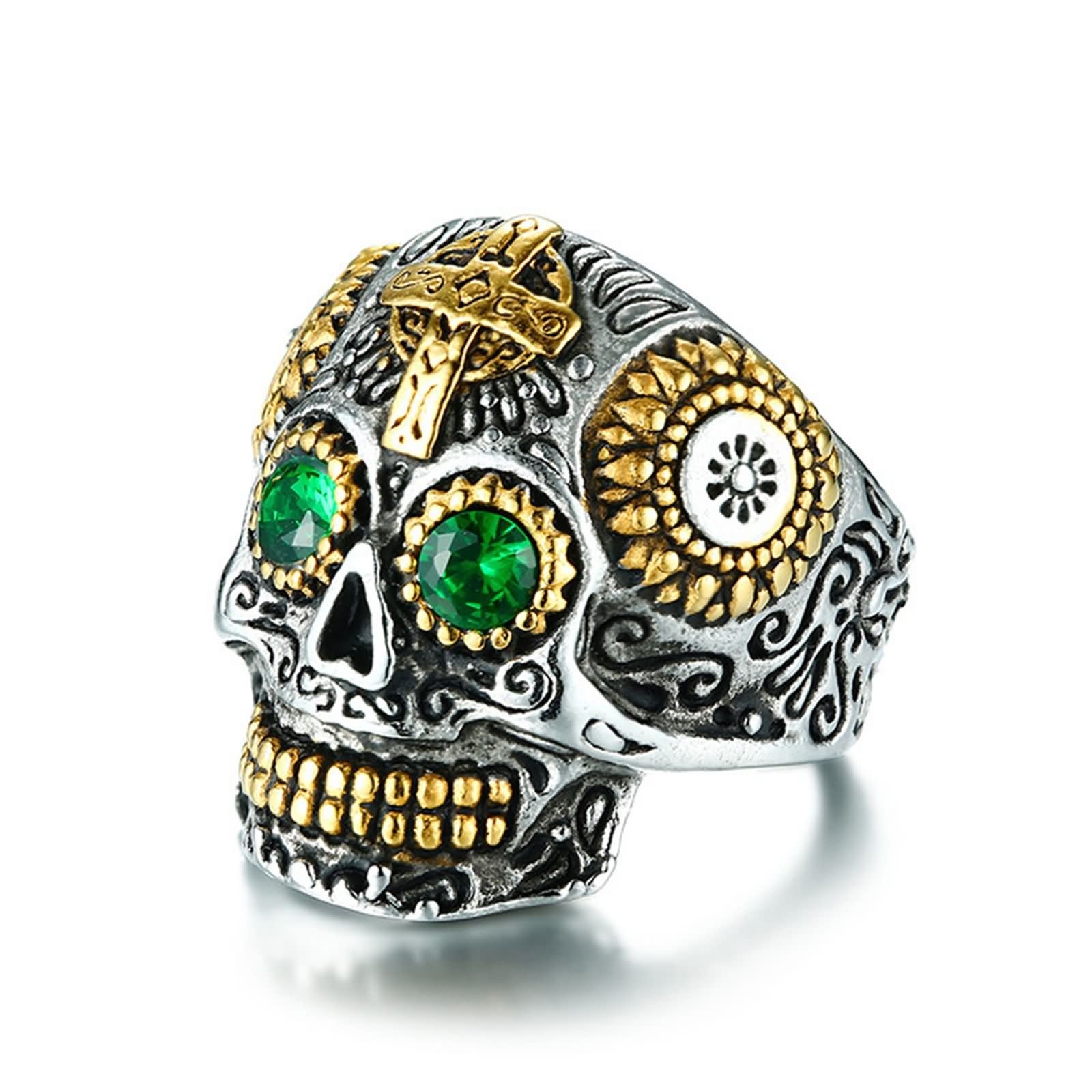 ANAZOZ Anillo Acero Inoxidable Hombre Calavera Anillo Cruz Calavera Anillo Hombre Oro Verde Plata Anillo Talla 20-30