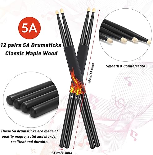 Miniatura 2 de 12 pares de baquetas de tambor 5A clásicos de arce accesorios de percusión para adultos y niños color negro