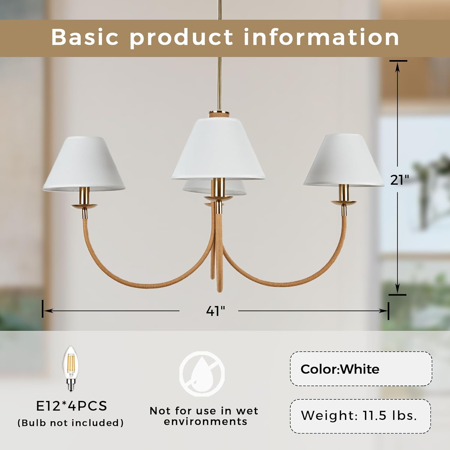 Rustic Elegance Linen Cone Chandelier with Brass & Rope, Modern Farmhouse Ceiling Fixture, Hardwired for Dining & Living Room, 41" D x 21" H, E12 Bulbs