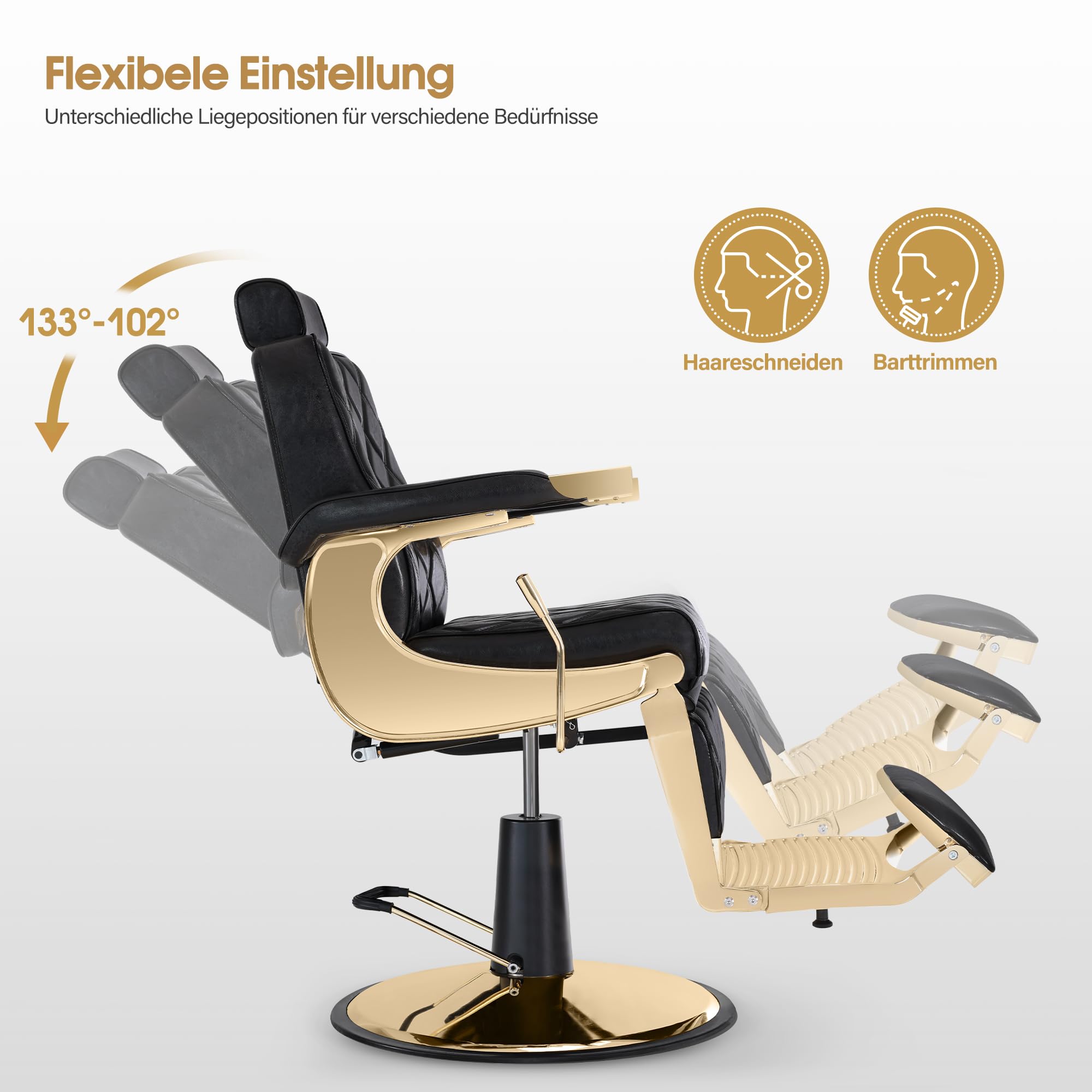 Barberpub Friseurstuhl mit Kopfstütze Kippbar, Friseureinrichtung mit Hydraulikpumpe 360° Drehbar, Bedienungsstuhl Höhenverstellbar, Barber Stuhl Friseurstühle Kunstleder, 9671 (Gold-Schwarz)