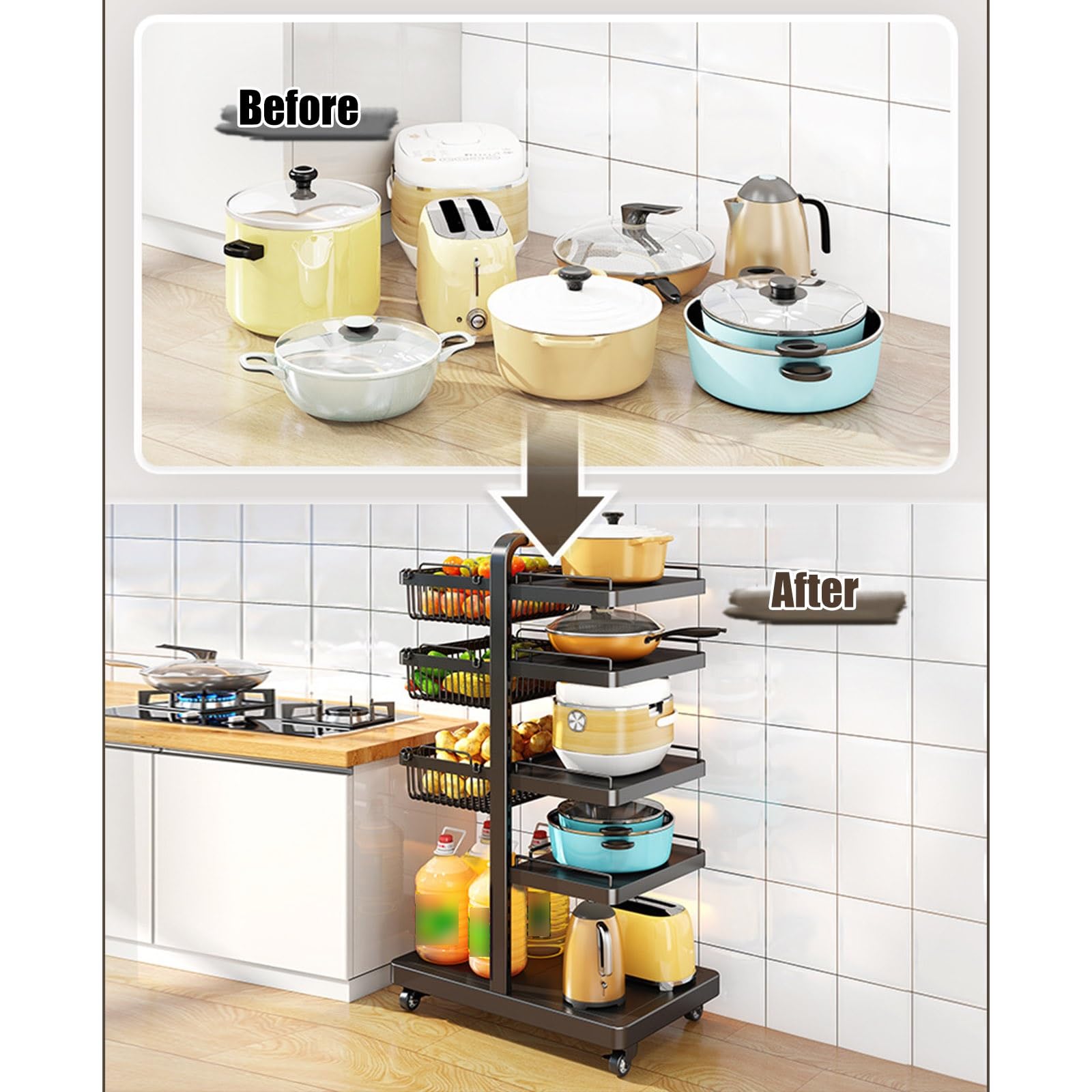 Rejilla ajustable para sartenes y ollas de 10 niveles con 6 bandejas, 4 cestas y ruedas, soporte para utensilios de cocina a presión, estante de almacenamiento de hierro fundido resistente para coci