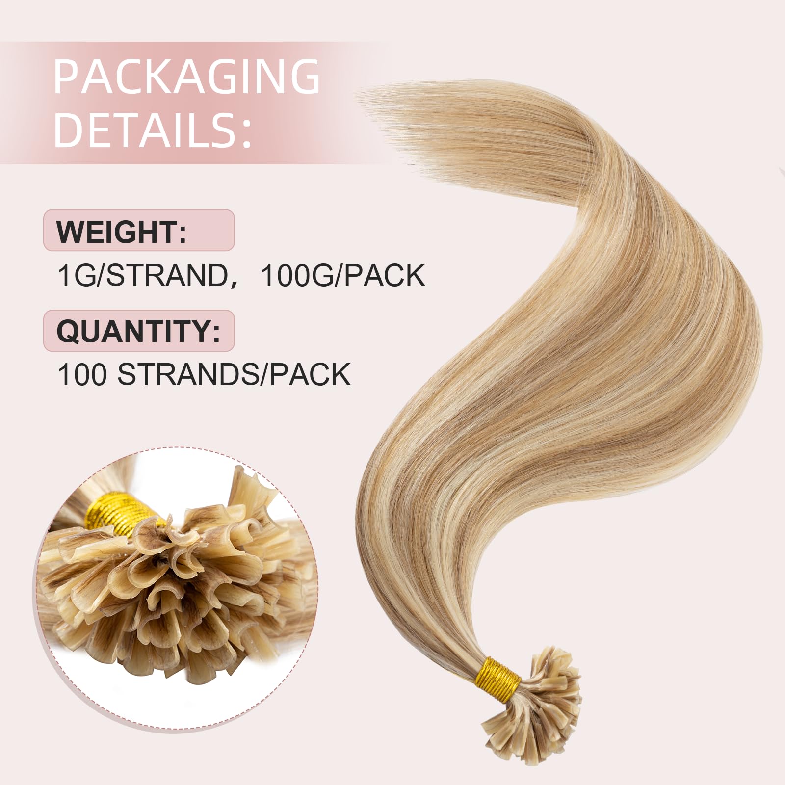 Silk-co U Tip Pre Bonded Hair Extensions Strands Keratin Nail Tip Straight Human Hair Extensions U tip Real Remy Hair 100 Strands Keratin Nail Til 22"-100g #12P613 Golden Brown&Bleach Blonde - Image 2