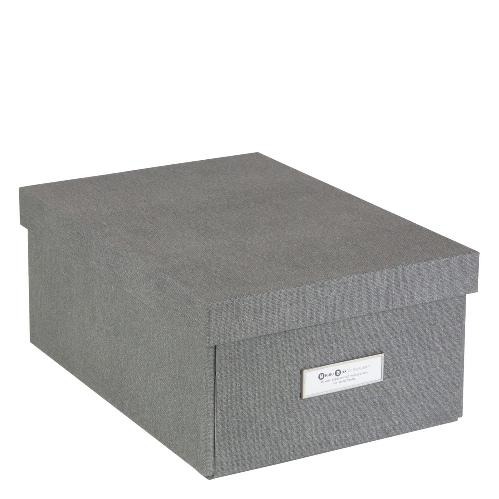 BIGSO BOX OF SWEDEN KARIN Small Storage Box with Lid - Sturdy Organiser Made of Fibreboard and Paper in Linen Look - Practical Folding Box with Label Frame for Extra Storage Space - Grey