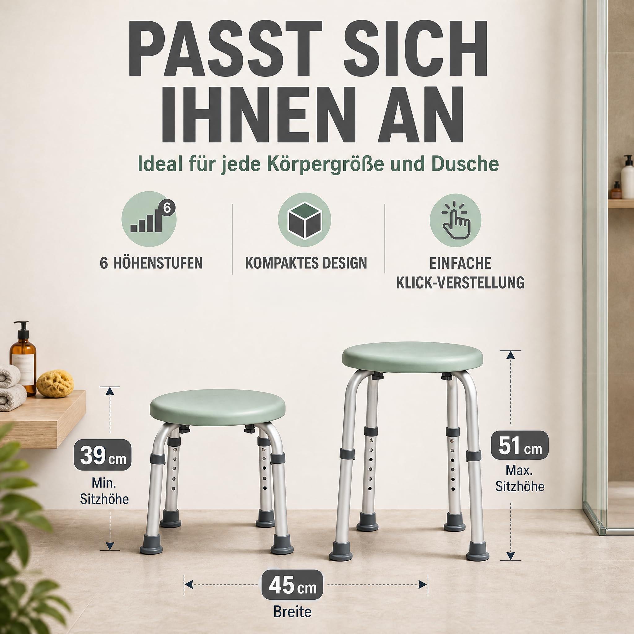 Duschhocker Duschstuhl für Senioren rutschfest | 360° drehbar mit Brausehalterung. Bis 136 kg. Höhenverstellbar. Badhocker, Hocker
