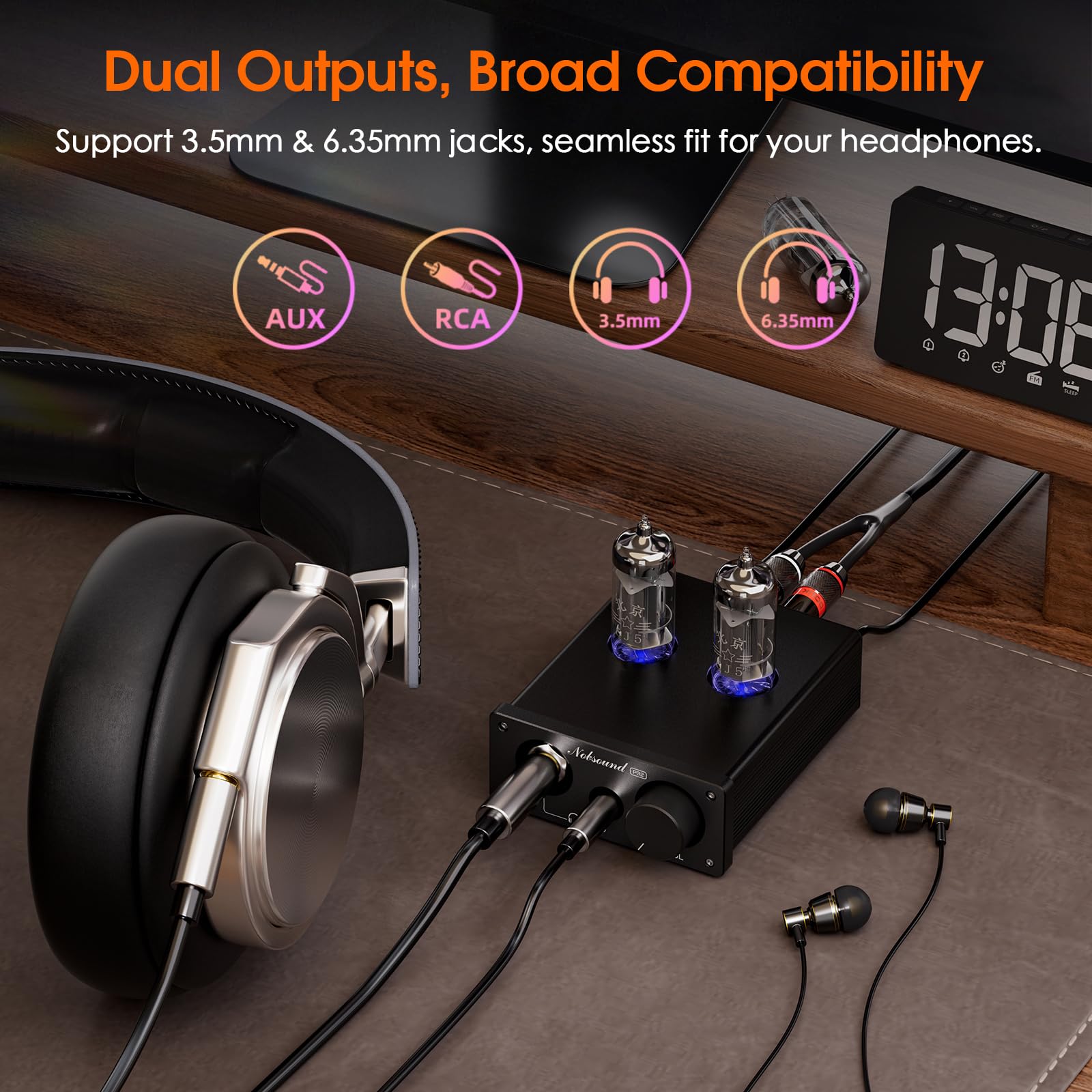 Nobsound P32 lampowy wzmacniacz słuchawek: 1000 mW HiFi Desktop przedwzmacniacz do słuchawek 24-600Ω i wzmacniacz domowy z głośnikami, gniazda 3,5 mm/6,35 mm, wymienne lampy i wzmacniacz operacyjny