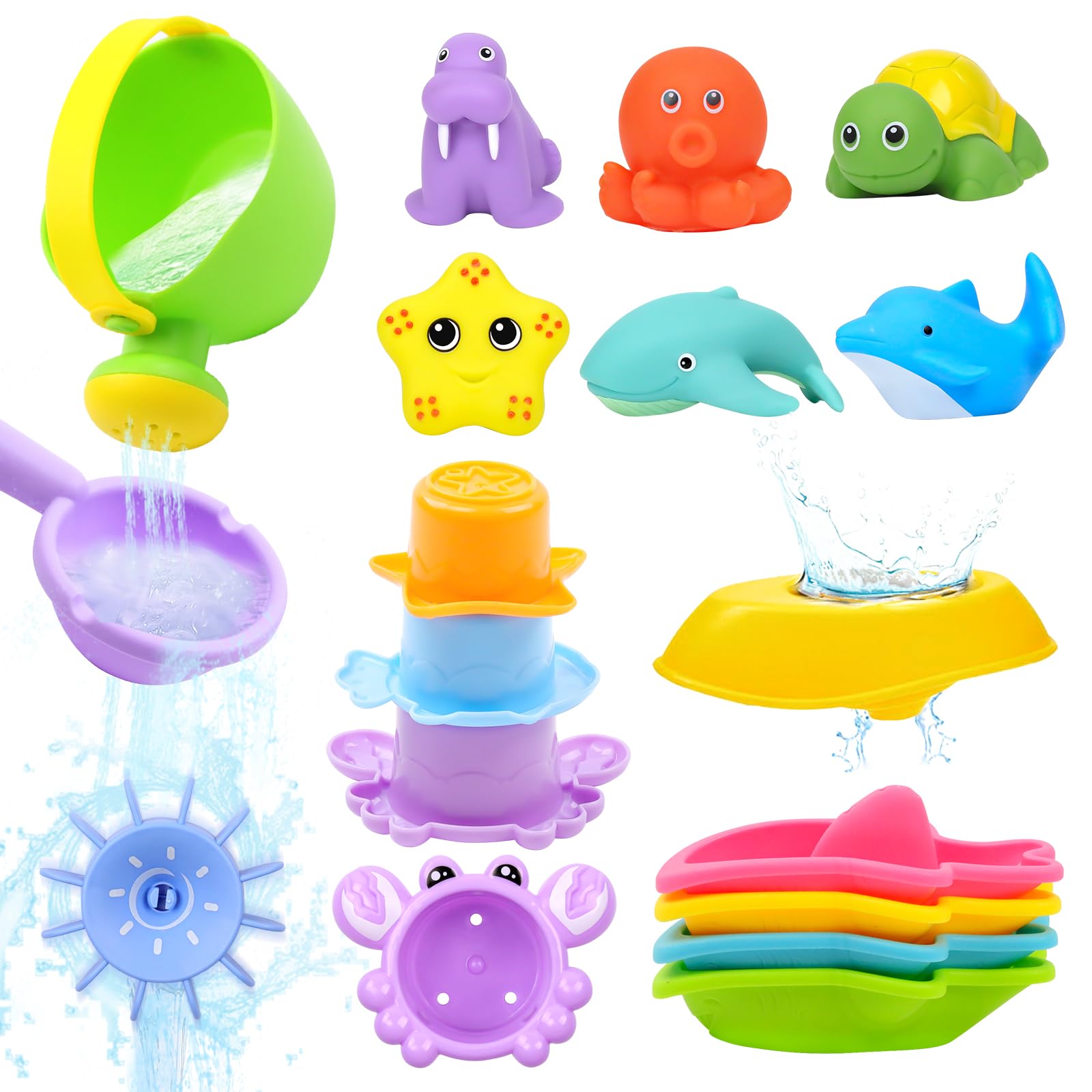 Juego de 16 juguetes de baño para niños a partir de 1 año – Juguete de baño con regadera, vasos apilables, barcos, salpicaduras – Juguete acuático para bañera y piscina
