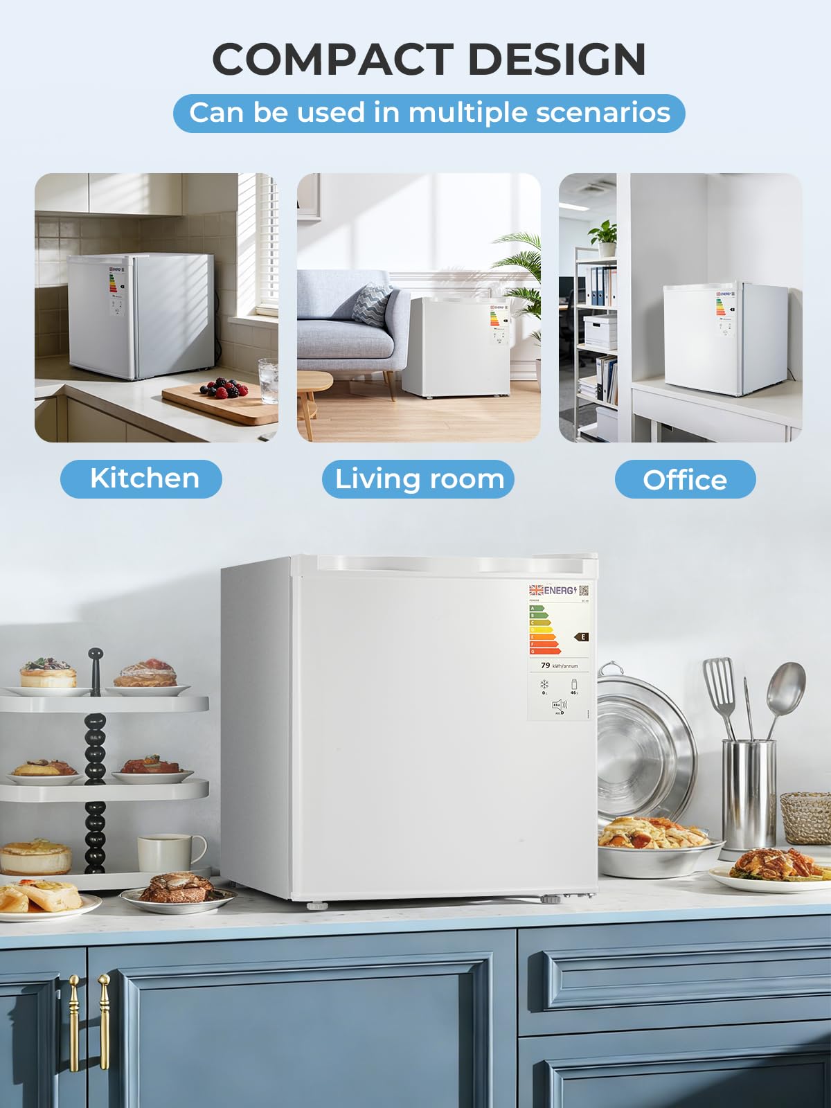 FOHERE Mini Kühlschrank 46L, Kleiner Kühlschrank mit 7-Stufige Kühlung, Energieeffizienter, Superleise, Wechselbarer Türanschlag & Verstellbare Füße, für Hotel, Büro, Kleine Wohnungen,Weiß