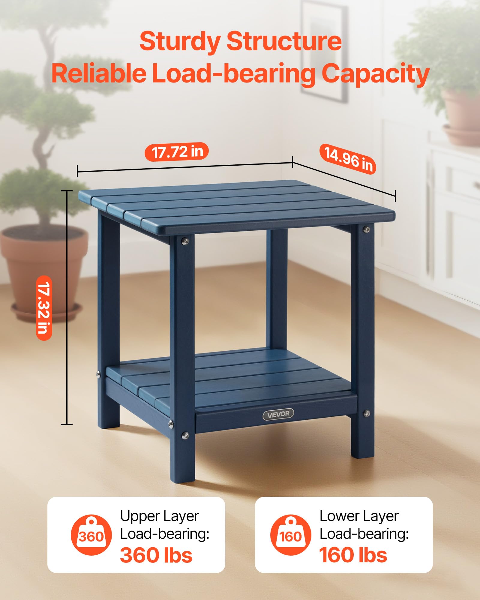 VEVOR Table d'Appoint Extérieur Jardin, 2 Niveaux, 45 x 38 x 44 cm, en PEHD, Entretien Facile, Résiste aux Intempéries, pour Terrasse, Bord de Piscine, Plage, Porche, Patio, Balcon, Intérieur, Bleu