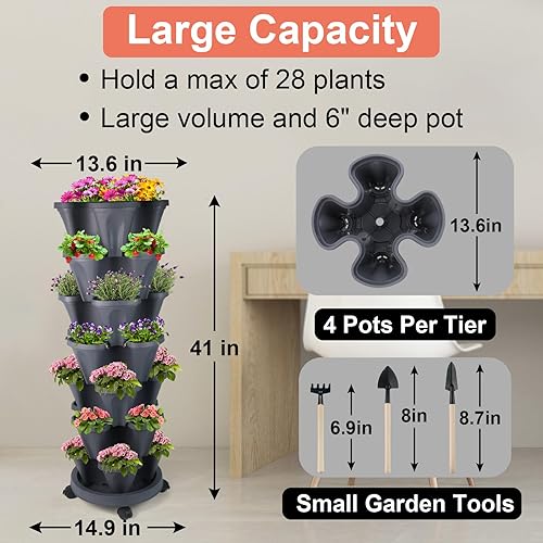Miniatura 4 de Maceta vertical apilable de 7 niveles, macetas de jardín de fresa, hierbas y flores, macetas de jardinería para interiores y exteriores, con ruedas