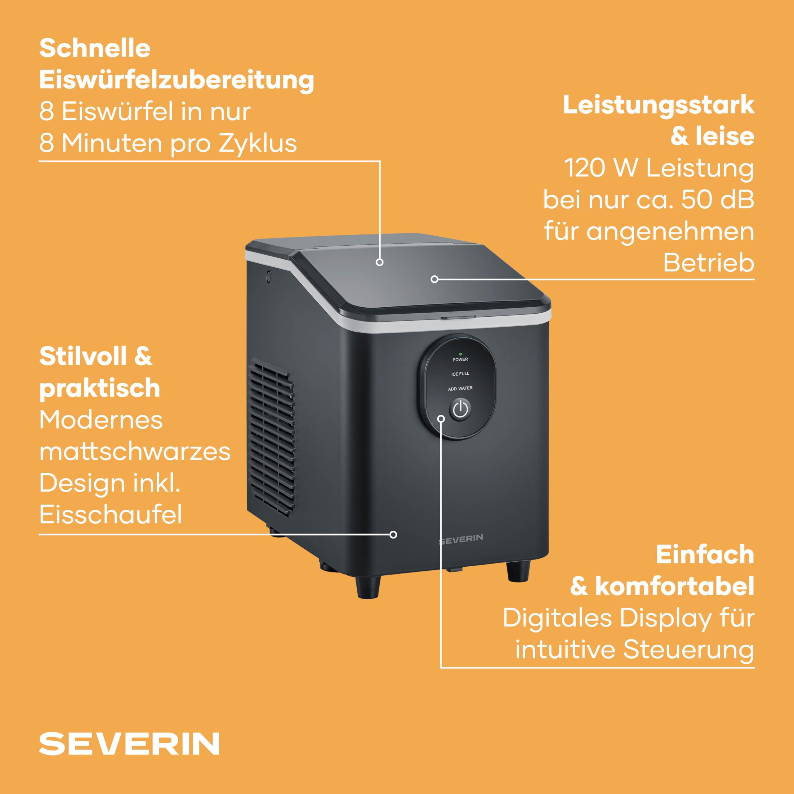 Severin Eiswürfelmaschine, Eiswürfelbereiter, 8 Eiswürfel in nur 8 Min, Kapazität 1,2 L, einfache Bedienung und Reinigung, automatische Abschaltung, kompaktes Design, 120 W, schwarz, EZ 7415
