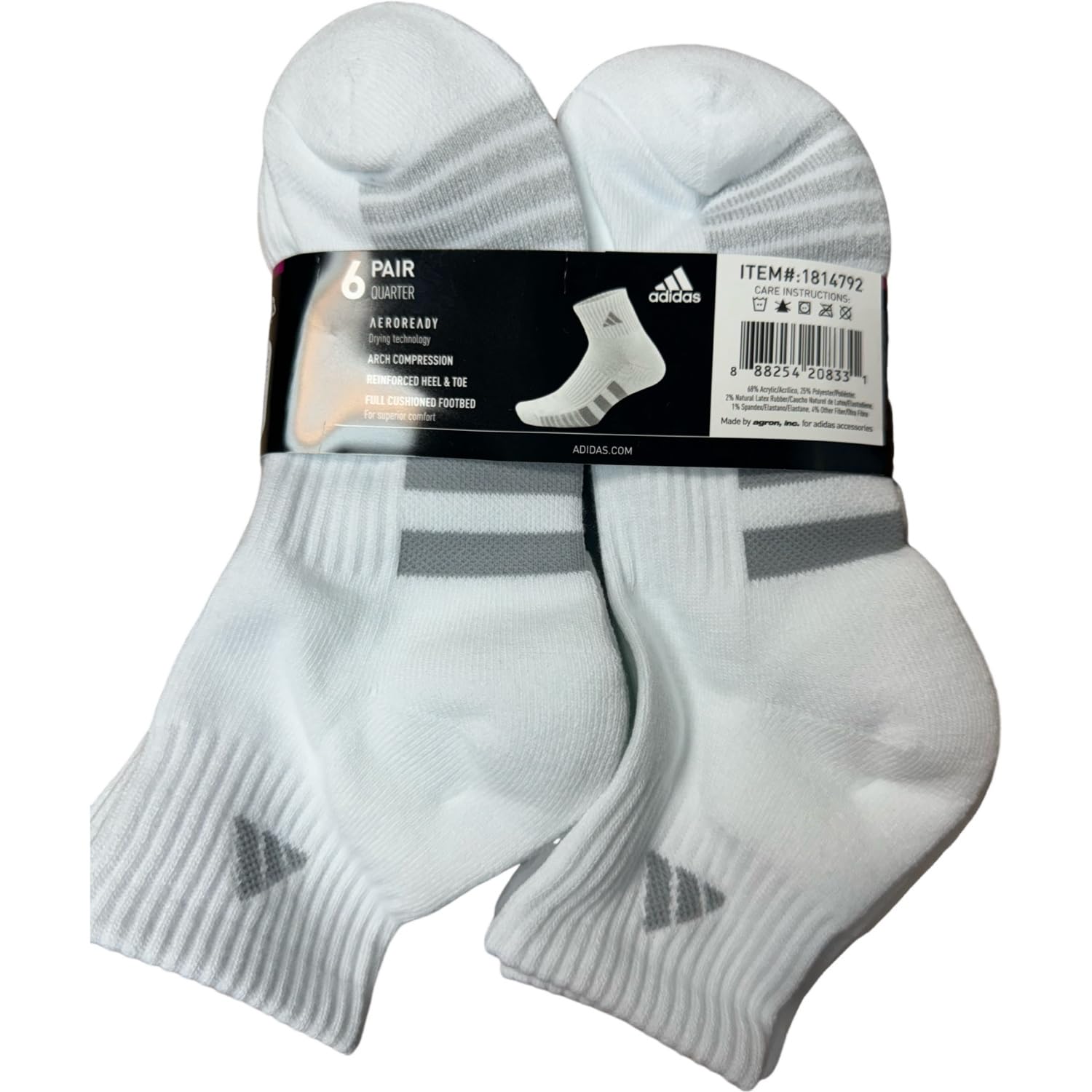 adidas Ladies' Women's Quarter Sock Performance Aeroready Sport, 6-pair,  White Shoe Size 5-10