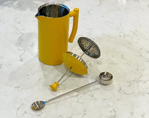 Miniatura 3 de Frieling Cafetera de prensa francesa de acero inoxidable de doble pared, amarillo, 34 onzas, más cucharaagitador de café de acero inoxidable 1810, 2