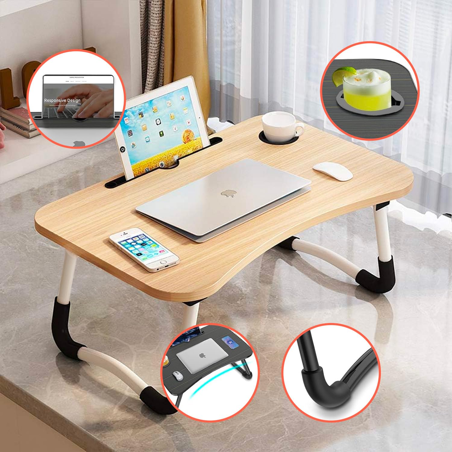 Avilia Tavolino da Letto Pieghevole 60×40 cm – Vassoio da Letto con Leggio Tablet e Porta Bicchiere, Scrivania Portatile Laptop per Smart Working, Colazione a Letto e Divano, Salvaspazio
