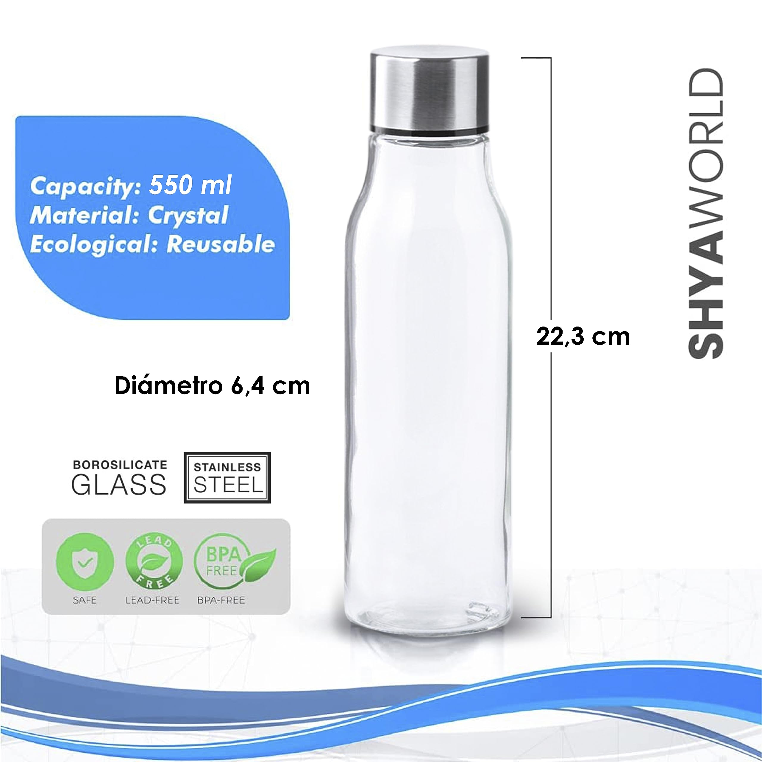 Botella De Cristal para Agua Cuerpo de Acabado Transparente borosilicato Tapón a Rosca en Acero Inoxidable. Cajas Individuales por Botella. (10)