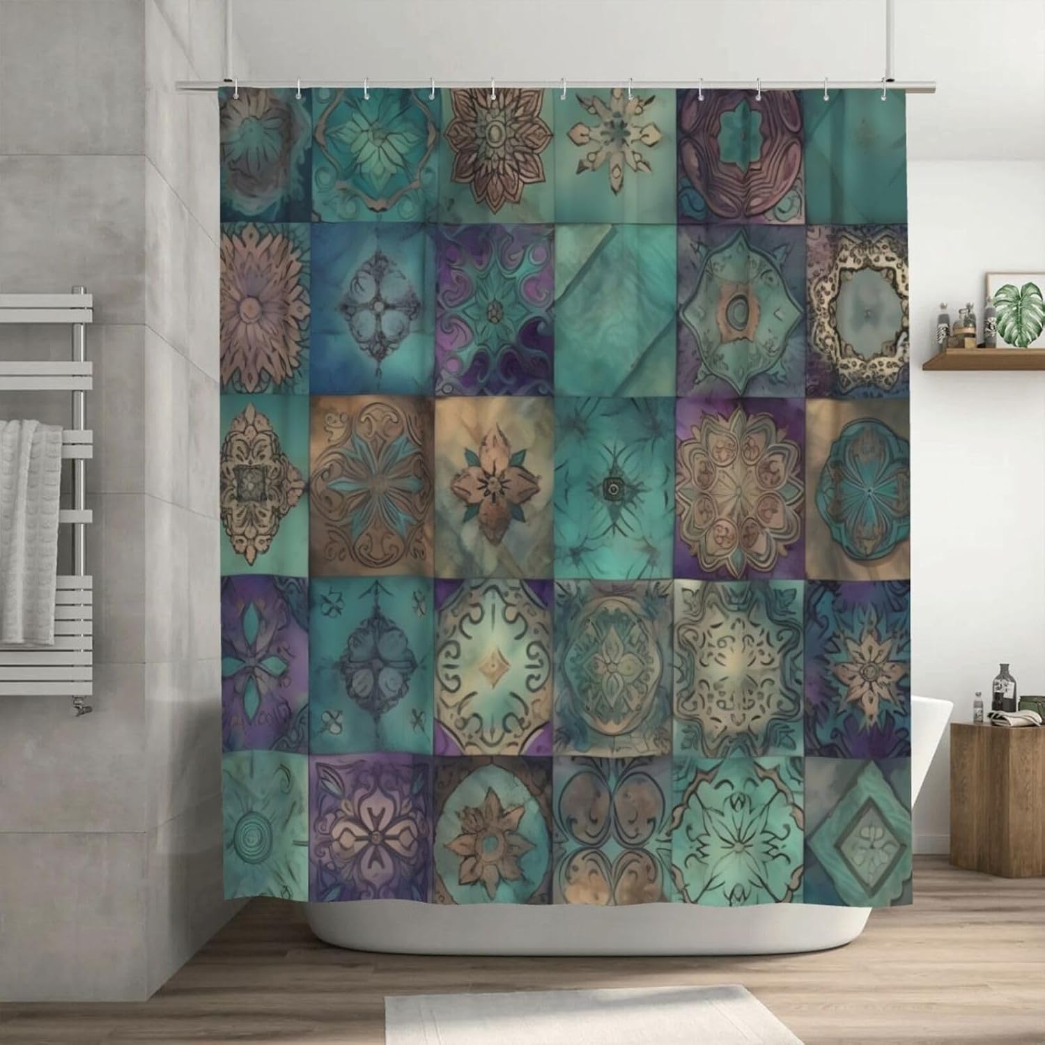 Striped Shower Curtain, Boho Tile Pattern, Boho Watercolor