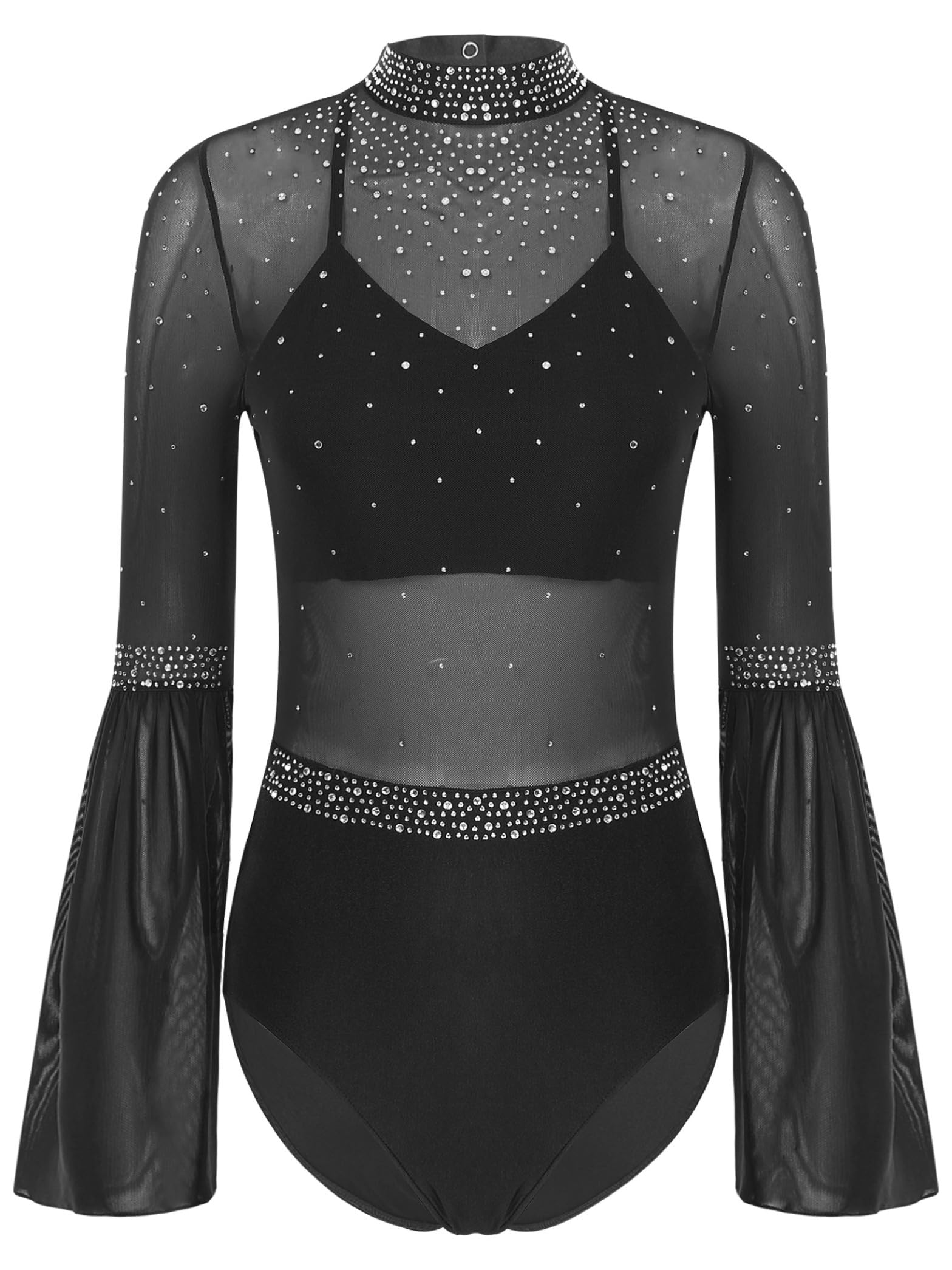 Damen Glitzer Tanzbody Sheer Mesh Tanzanzug Langarm Ballettanzug mit Strass Einteiliger Eiskunstlauf Tanz Trikotanzug