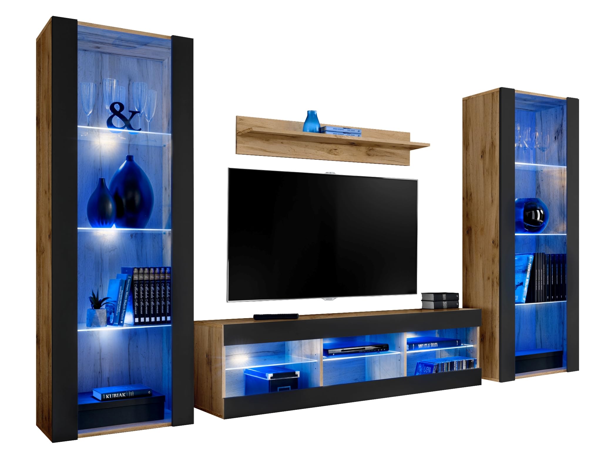 Komodee, Juego de Muebles Tivoli Grande, Negro Wotan, Ancho 290 cm x Alto 159 cm x Fondo 35 cm, LED Azul, para Sala, Dormitorio