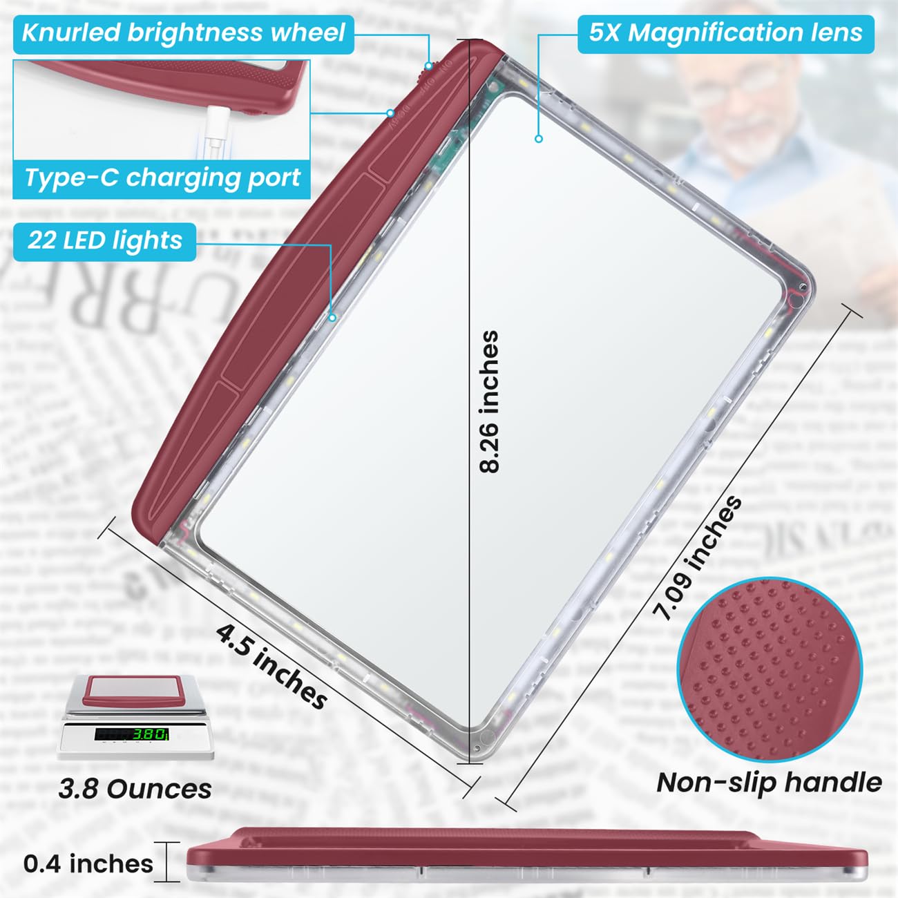 Wiederaufladbare 5-fache Lupe zum Lesen, große helle Vollseitenlupe mit Licht, Handheld LED dimmbar beleuchtet, leichte Buchlupe zum Lesen kleiner Drucke, Senioren - Rot
