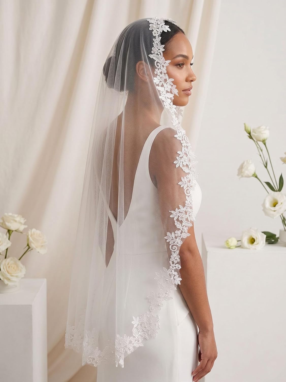 Mantilla Pearl Wedding Veil Fingertip Length Bridal Veil with Comb for Brides
