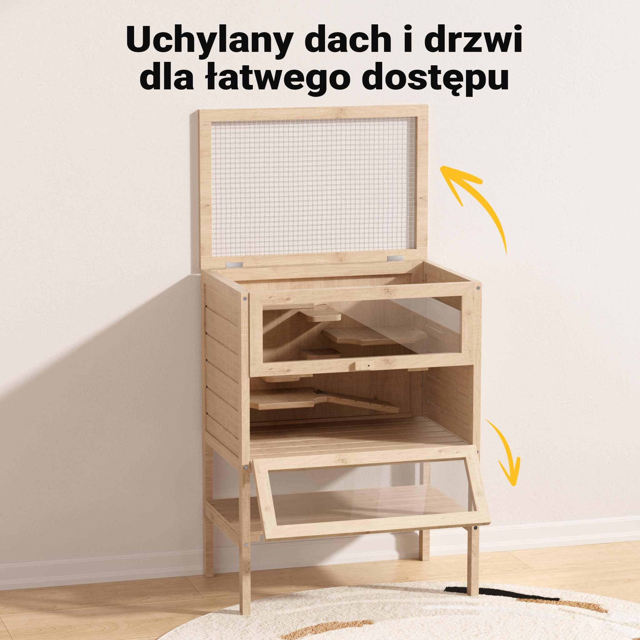 Wiltec 3-poziomowa klatka dla gryzoni, 600 x 400 x 800 mm, wykonana z drewna, z pokrywą na zawiasach i okienkiem, klatka dla małych zwierząt klatka dla myszy klatka dla chomika