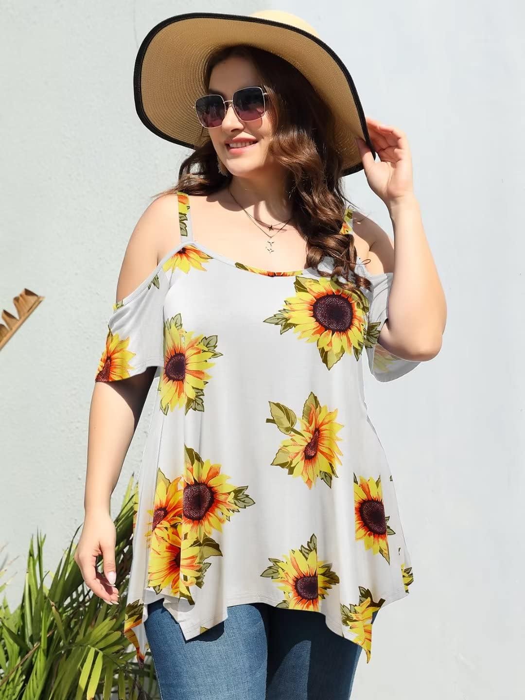 LARACE Cold Shoulder Tops for Womens Summer Clothes Spaghetti Strape Tunic Oversized Shirts Asymmetrical Plus Size Blouse - Image 2