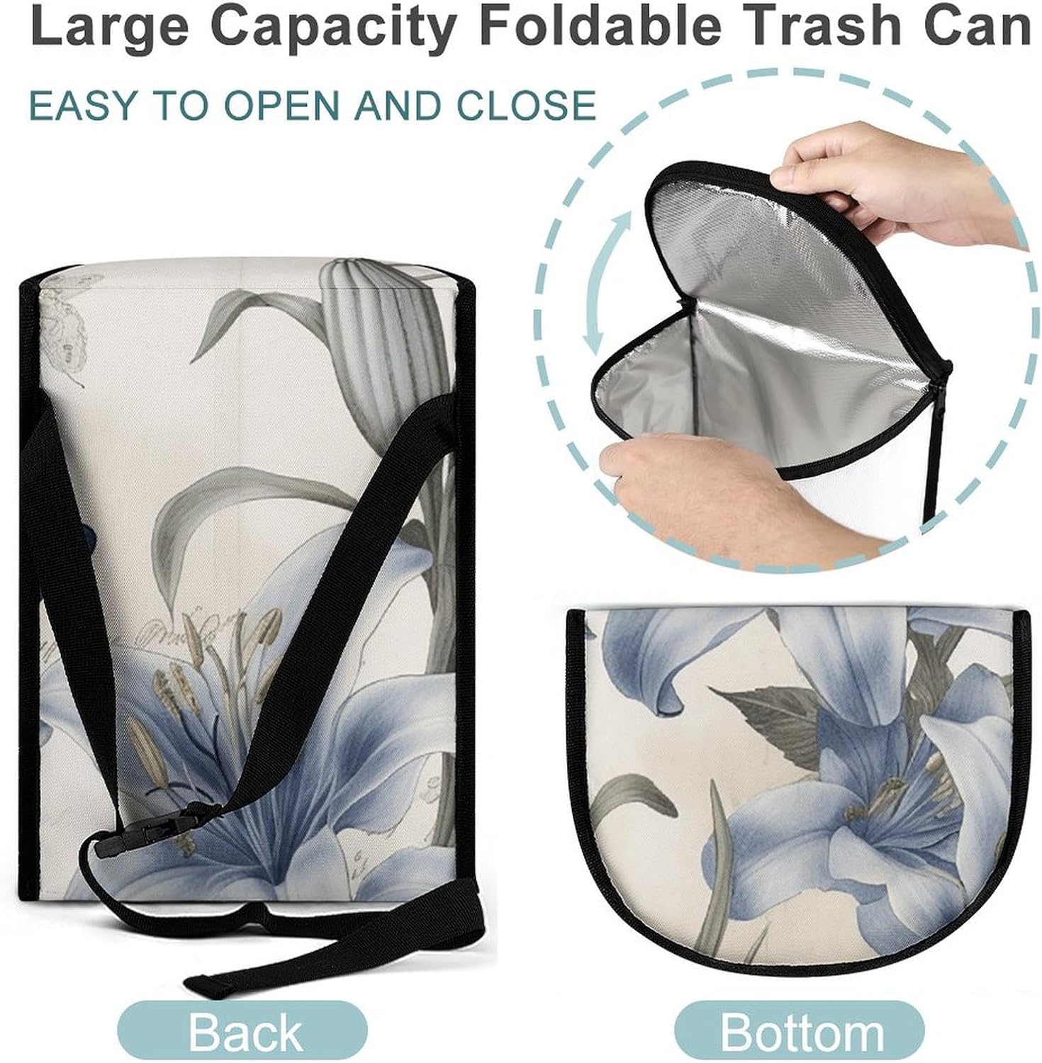 Hanging Car Trash Bag Blue Flower Printed Car Garbage Storage Bag Leakproof Car Trash Can Portable Garbage Storage Bags