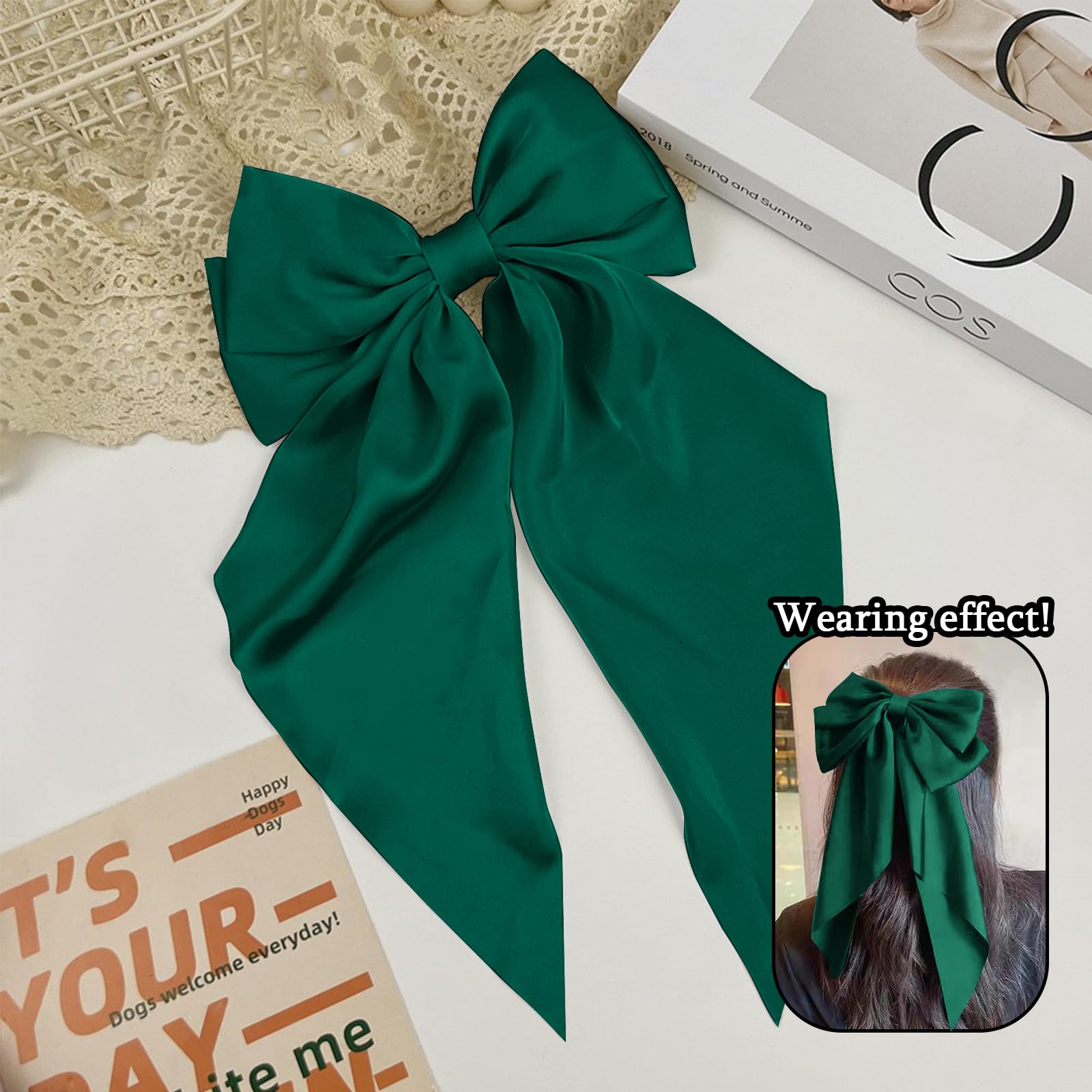 Pasadores grandes de satén para el cabello, lazos verdes para niñas, accesorios para el cabello, regalos para mujeres, pinzas para el pelo con lazo grande para Navidad con pasadores de lazo con clips