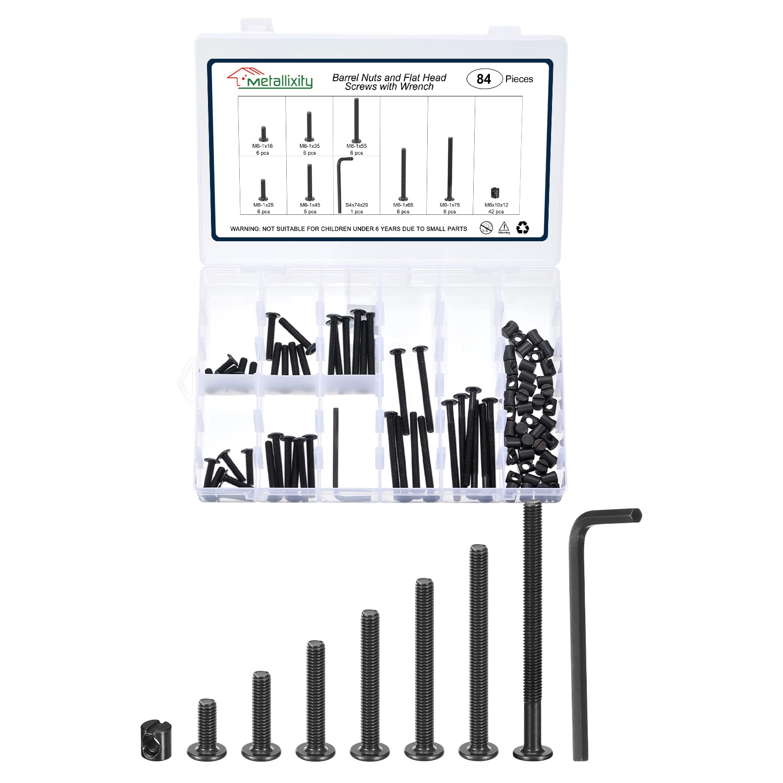 METALLIXITY Furniture Crib Screws Replacement Set with Wrench(M6-1x16/25/35/45/55/65/75mm) 84Pcs, Connector Bolt M6 Screw Barrel Nuts Binding Screws, for Chair Cabinet Bed, Black — image 1