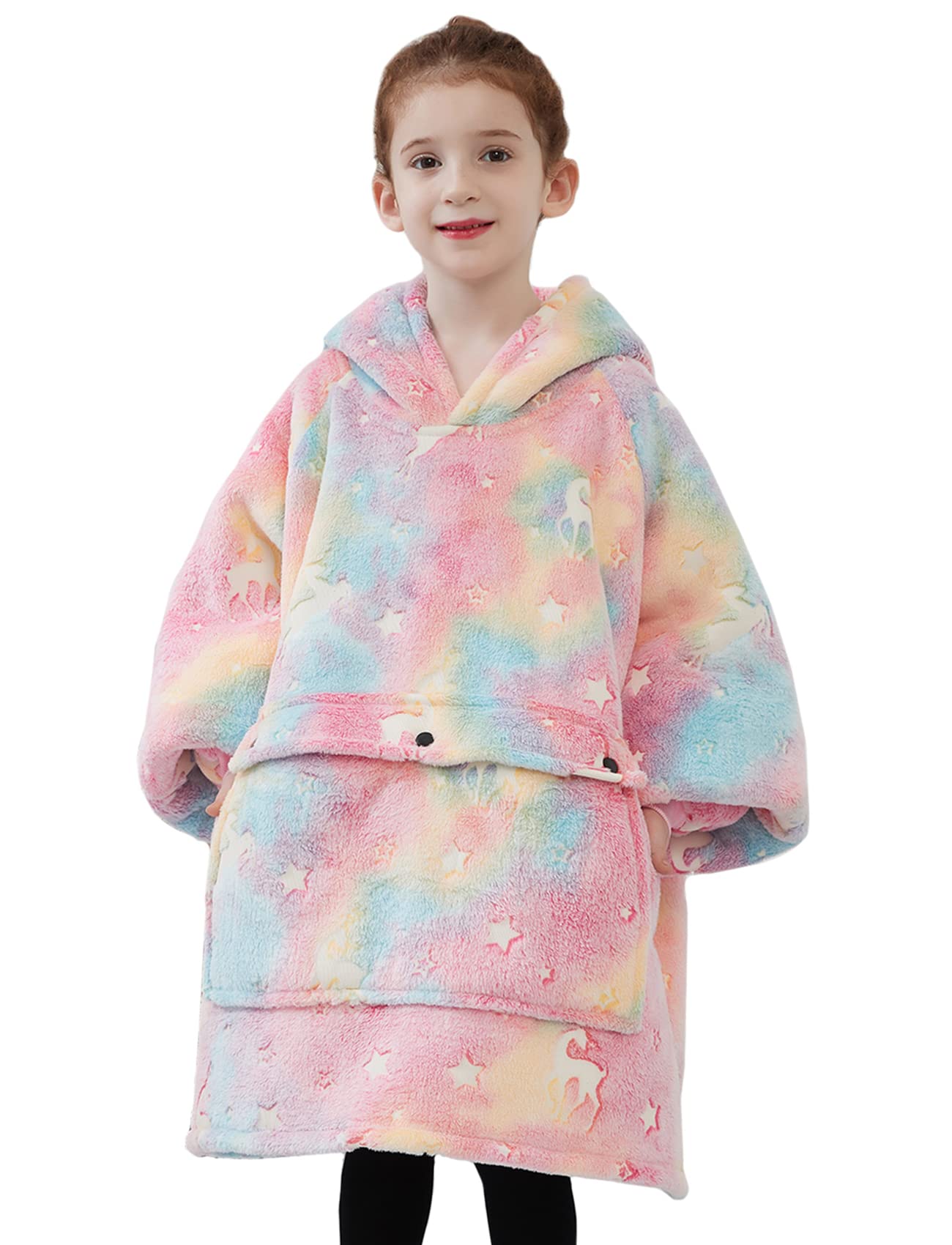 Wearable Blanket Hoodie Oversized Sherpa Blanket Sweatshirt Flannel Sweater Blanket with Large Pocket, Glow in the Dark-rainbow Elk, kids (6-10 YR)