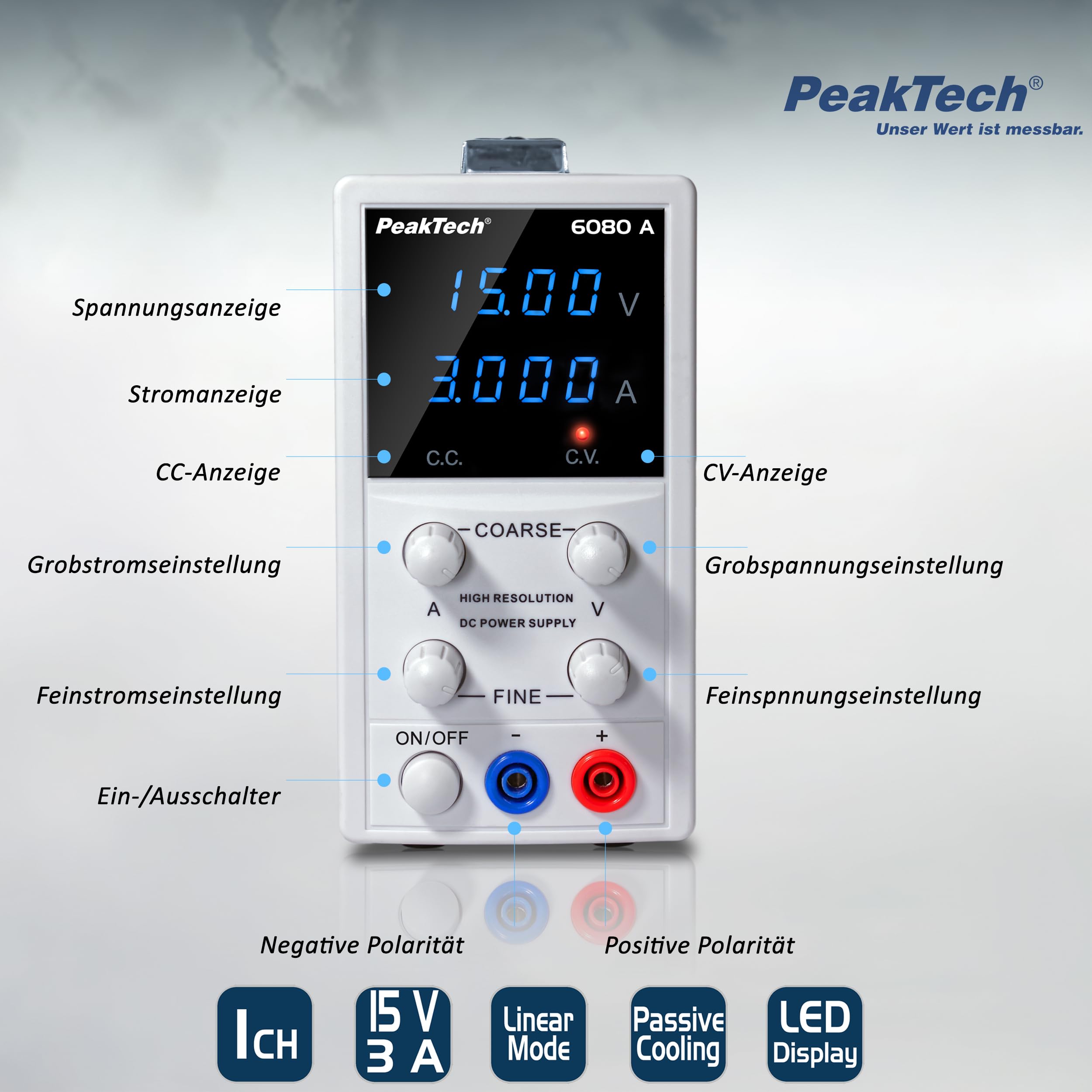 PeakTech P 6080 A – Hochauflösendes Labornetzteil 0-15V / 0-3A DC – Professionelles Labornetzgerät mit LED-Display – Hochwertiges Labor Netzteil mit 1mA und 10mV Auflösung – 54W