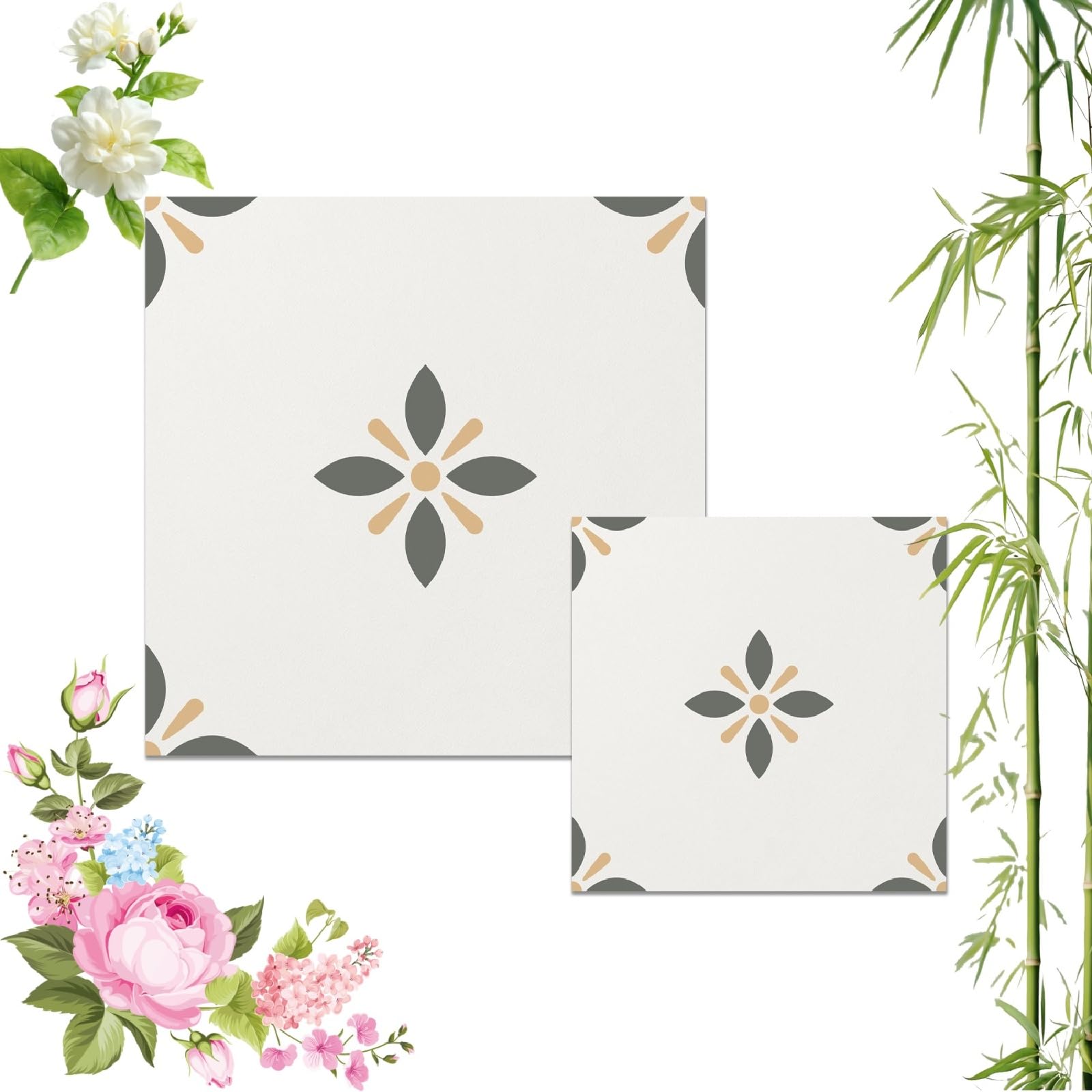 Self-Adhesive Wood Pattern Floor Tiles, 20pcs-30x30cm Vintage Floral Self Adhesive Vinyl Tile, Waterproof Removable Wall Floor Decal for Bathroom Kitchen Bedroom (20pcs-20x20cm,PTS89)