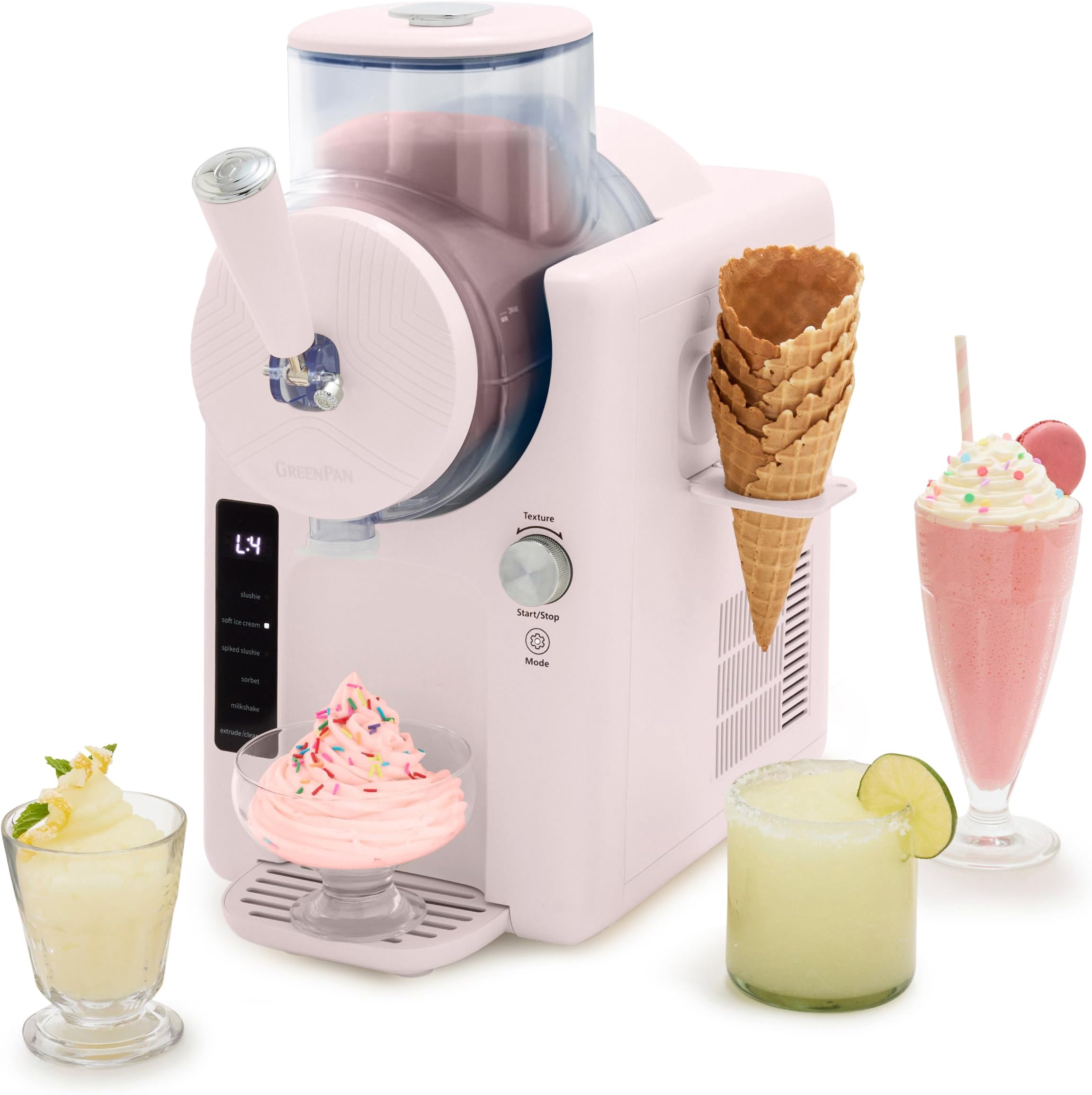 GreenPan Frost Ice Cream Maker & Slushie Machine, Soft Serve, Sorbet, Margaritas, Milkshakes, Frozen Yogurt, No Pre-Freezing, Ready in 15 Mins, 6 Modes, 7 Textures, Self-Cleaning, Family Size, Pink
