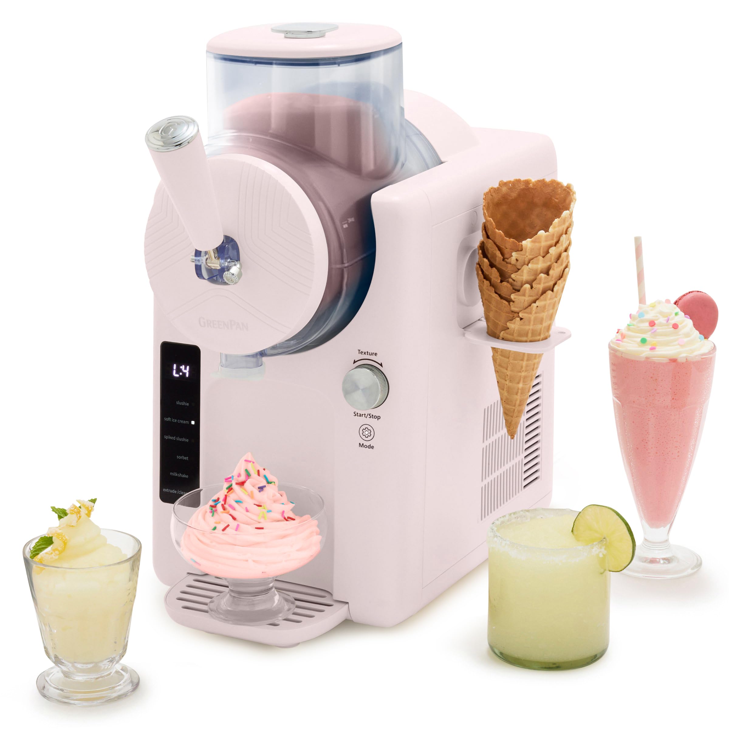 GreenPan Frost Ice Cream Maker & Slushie Machine, Soft Serve, Sorbet, Margaritas, Milkshakes, Frozen Yogurt, No Pre-Freezing, Ready in 15 Mins, 6 Modes, 7 Textures, Self-Cleaning, Family Size, Pink