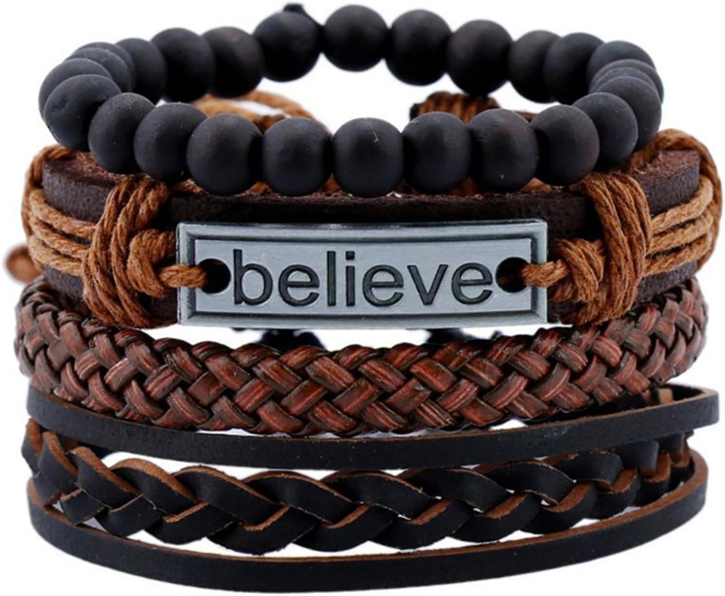 DAYONGMixed Wrap Leather Wristbands Bracelets and Wood Beads Weave Bracelet Set for Men Women Adjustable 4Pcs Beads Braided Leather Believe Charm Bracelet for Men