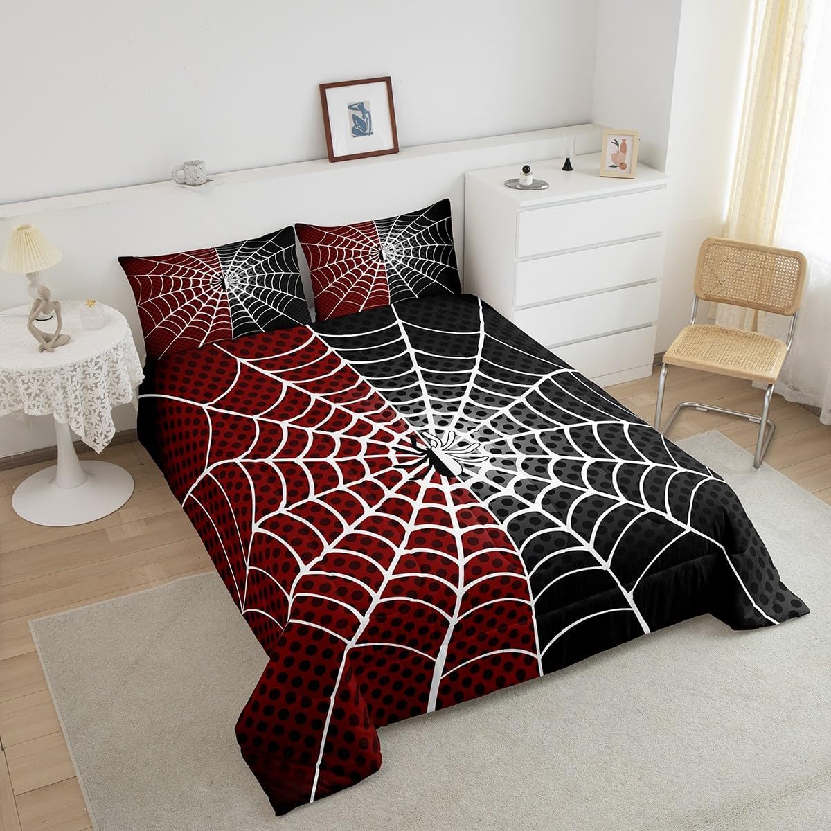 Manfei Spider Kids Comforter Set Queen Size, White Spider Web Black Dots Bedding Set for Boys Teens Adults Bedroom Decor, Red and Black Down Comforter, Soft Polyester Quilt Set, 2 Pillowcases