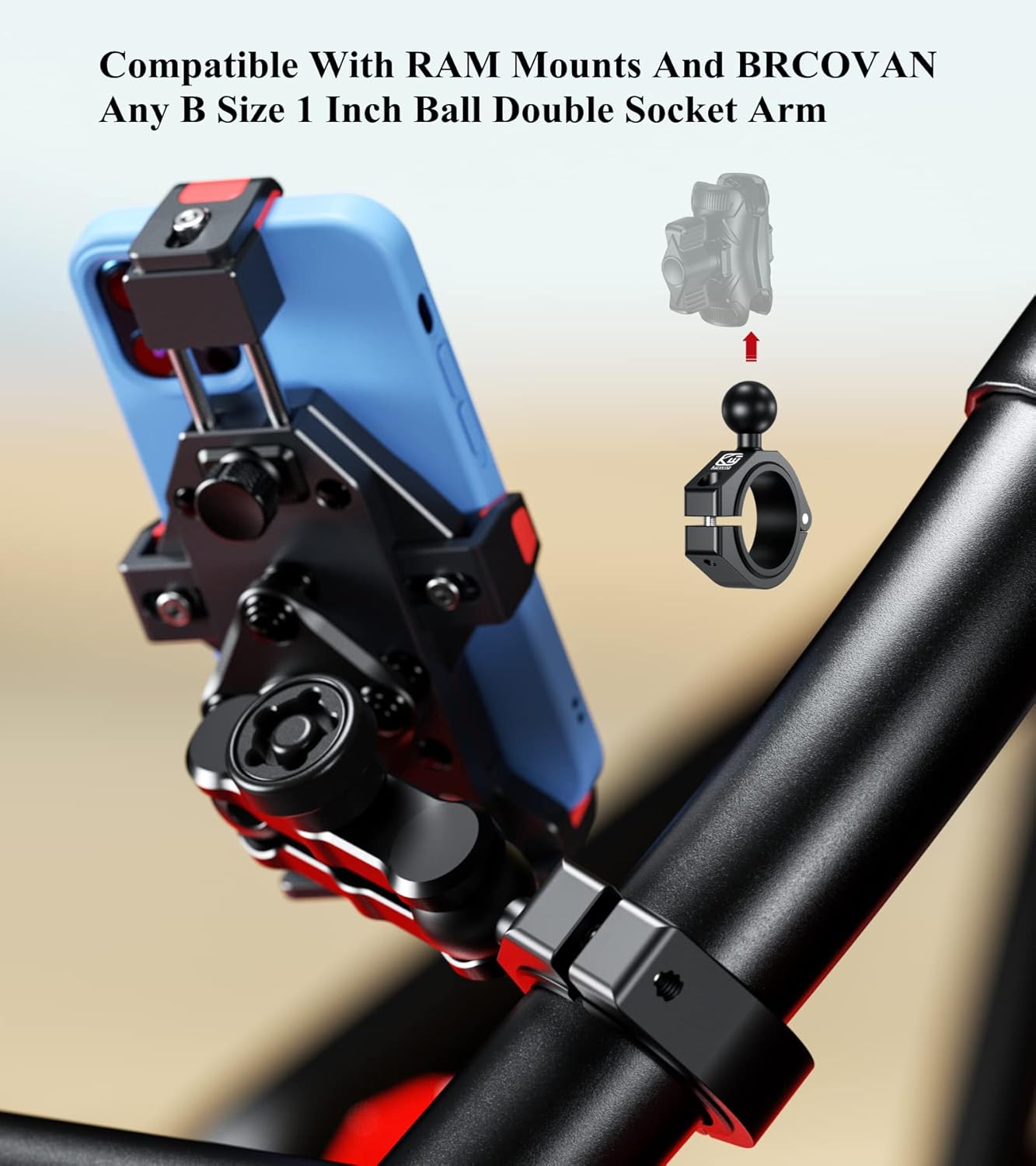 BRCOVAN 2PCS, 1'' Ball Large Bar Clamp Mount, Fit 1.5'' / 1.65'' / 1.75'' / 1.85'' / 2'' Round Rails & ATV UTV Roll Cages, Fit for RAM Mounts B Size 1 Inch Ball Double Socket Arm, Aluminum Alloy