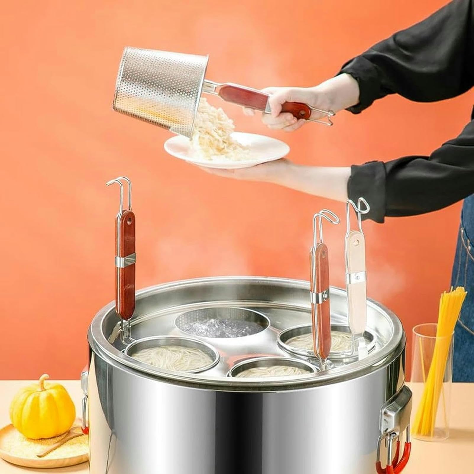 Pentola, Set Cuocipasta Multifunzionale in Acciaio Inossidabile con Cestello - Cuoci, Cuoci a Vapore e Scoli Senza Facilità - Perfetto per Pasta, Verdure e Altro, 4 Fori (Dimension