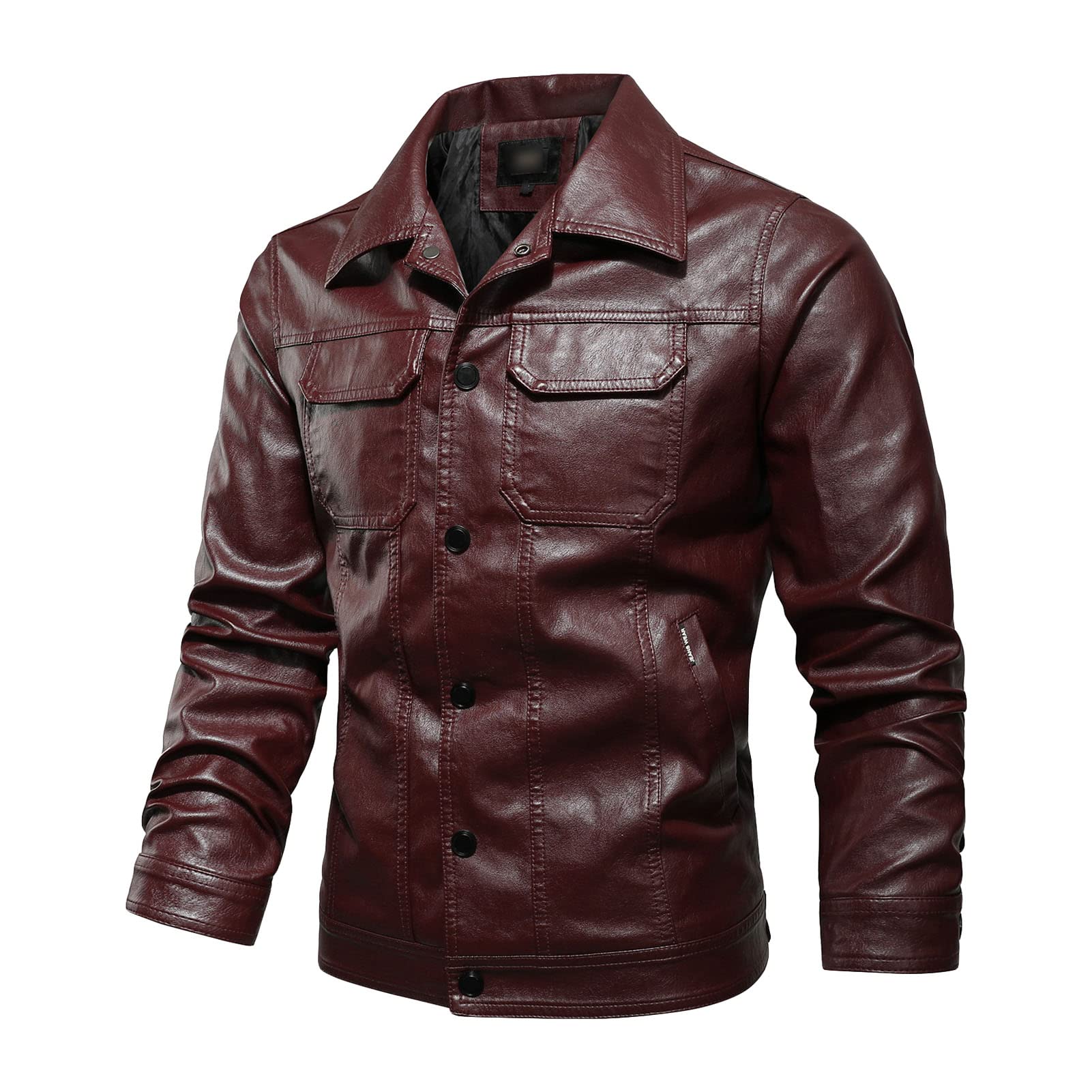 Maiyifu-GJ Men's Button Down Lapel Biker Jacket Winter Warm Faux Leather Motorcycle Jackets Lightweight Casual Pu Bomber Coat (Red Wine,XX-Large)