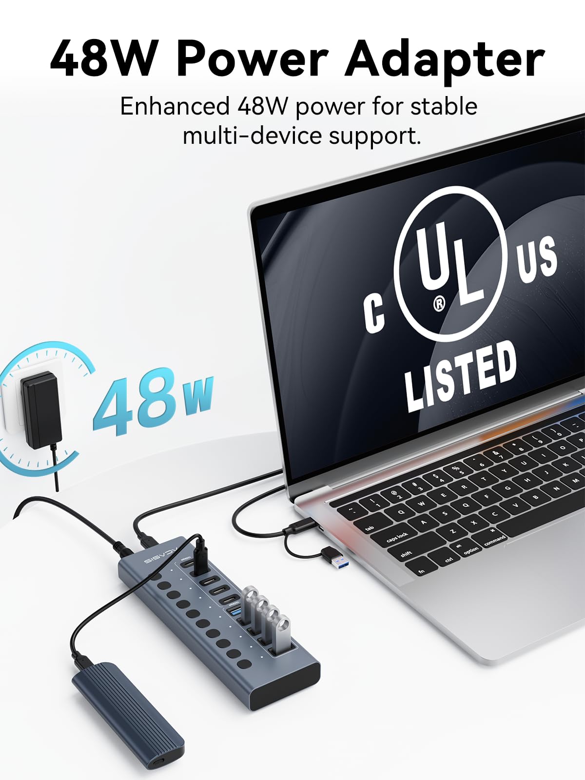 Hub USB 3.2 alimentato, hub USB 3.2 ACASIS a 10 porte (5 porte USB-A 3.2+5 porte USB-C 3.2), hub USB in alluminio alimentato con adattatore di alimentazione da 48 W, hub USB per PC/laptop, computer